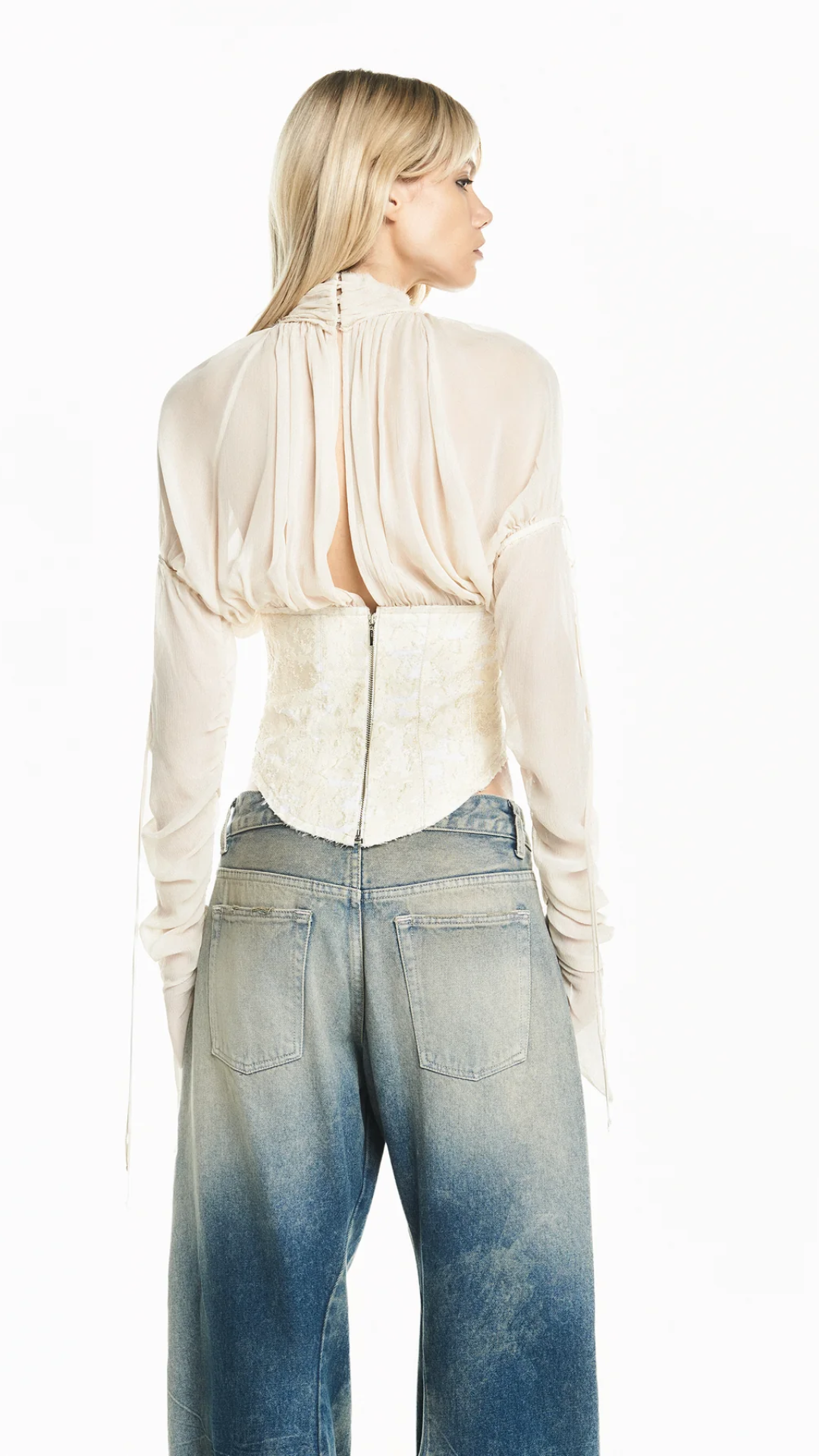 Blusa Manga Longa Drapeada Chiffon com Corset de Jacquard Areia