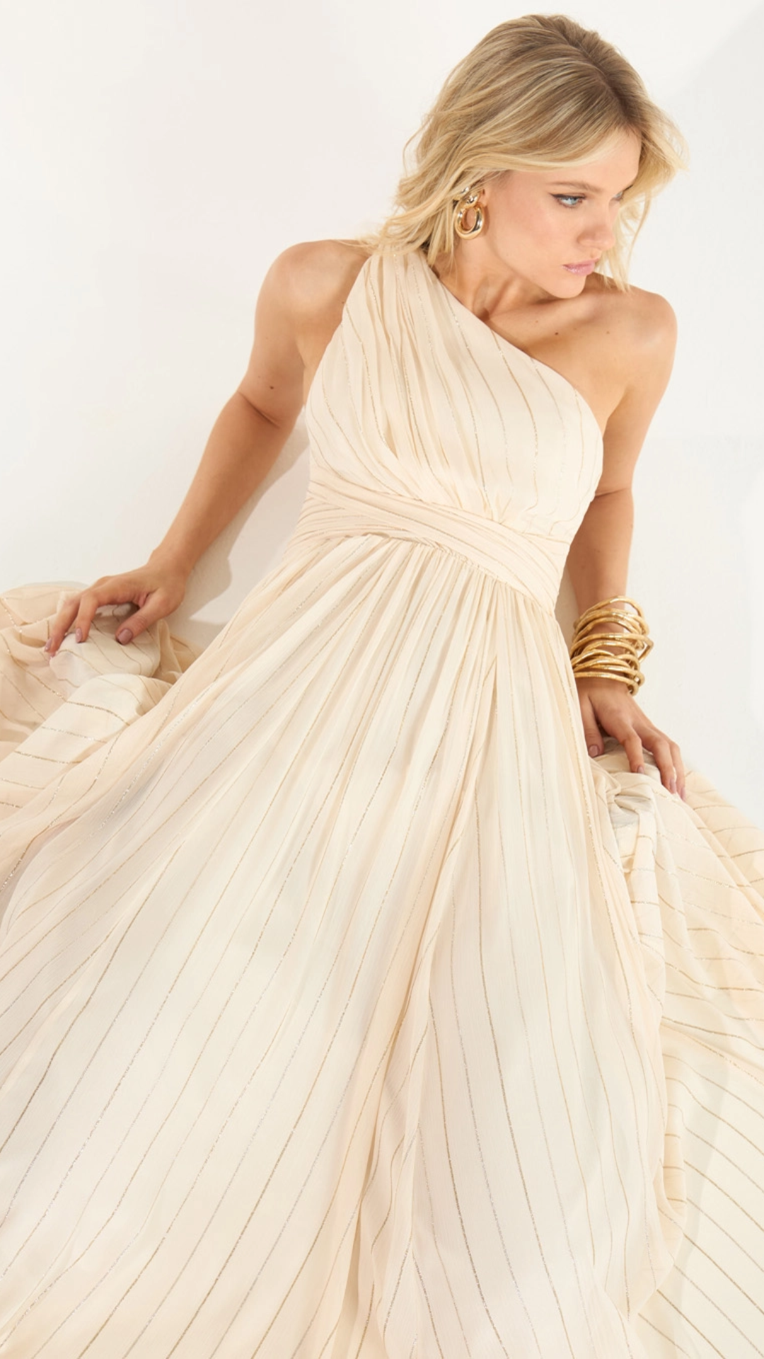 Vestido Maxi Midi Ombro Só Franzido Bege