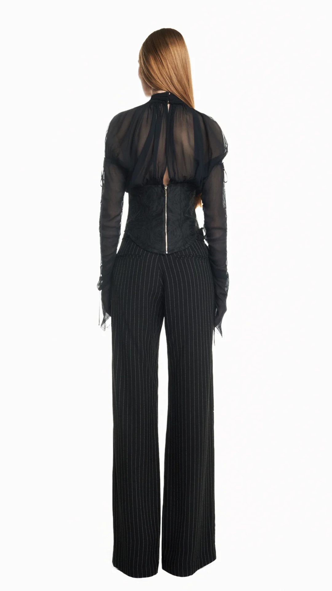 Blusa Manga Longa Frente Drapeada Chiffon com Corset Preto