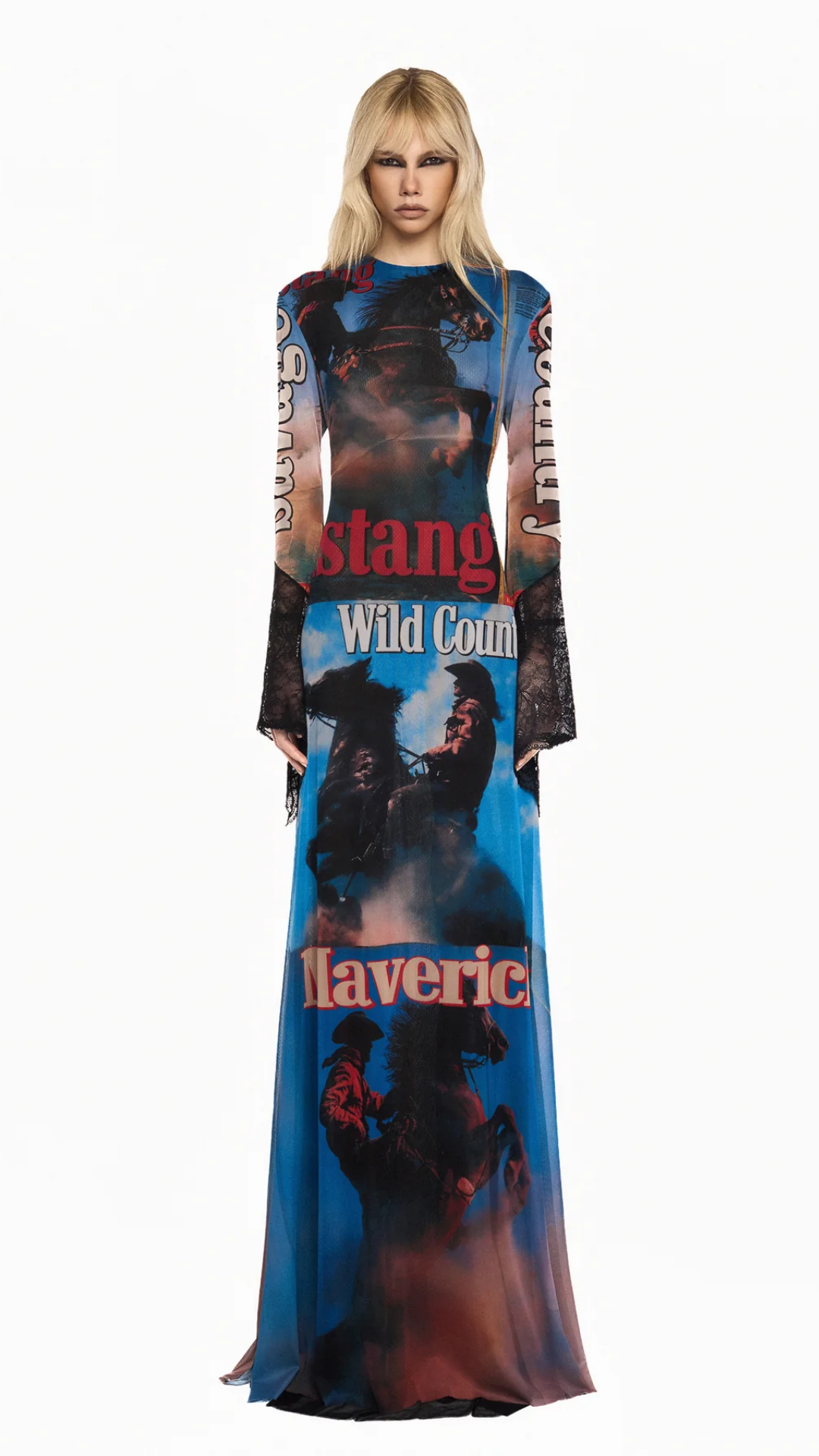Vestido Longo Manga Longa Tule e Renda Wild Country