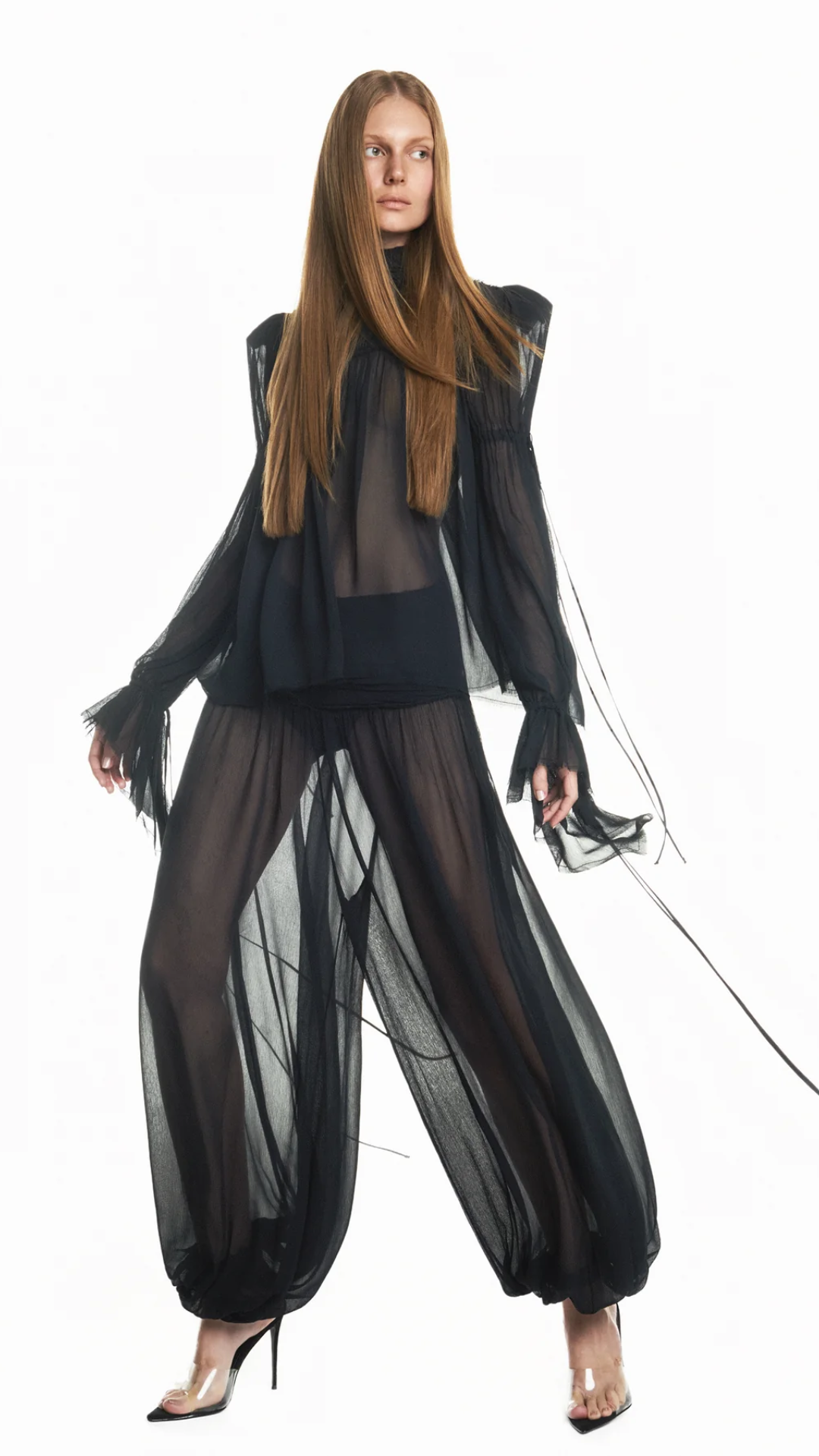 Calça Pala Drapeada Elástico na Barra Chiffon Preto
