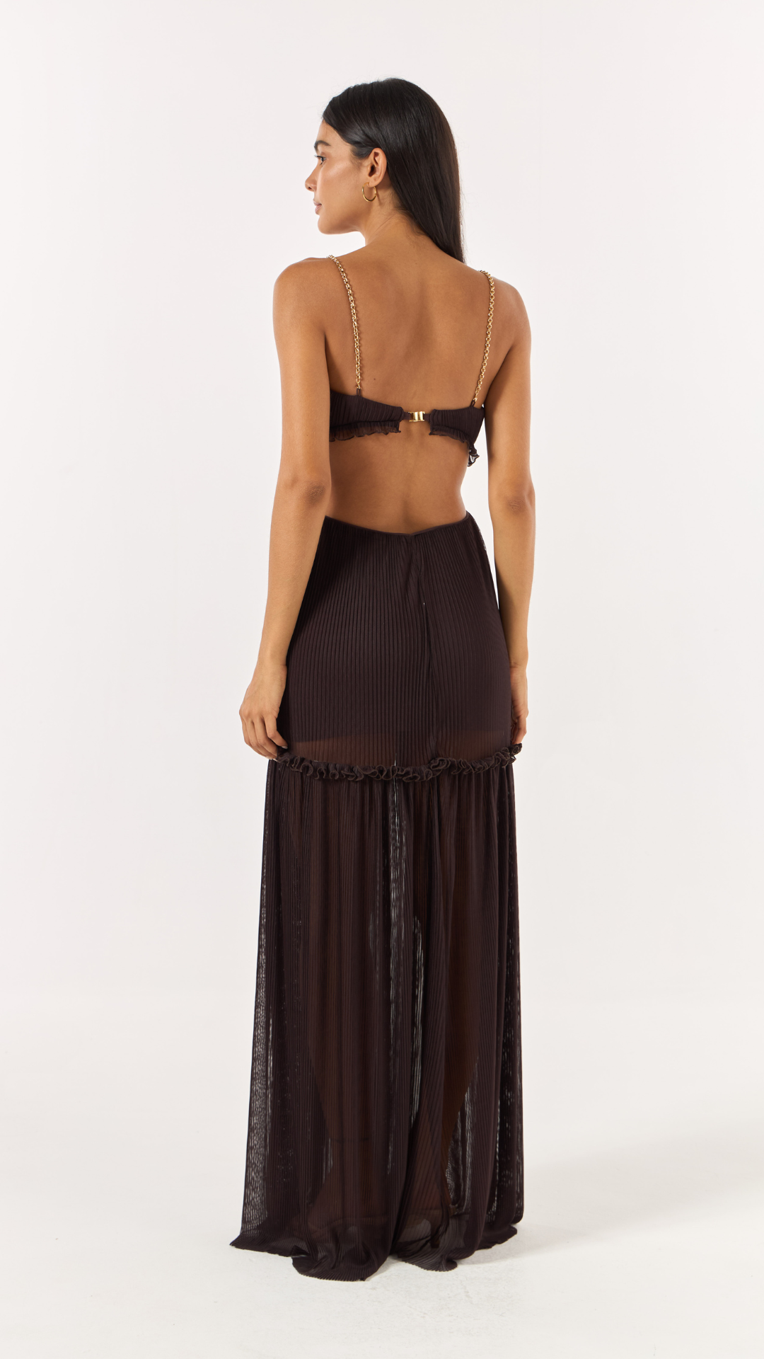 Vestido Longo Cut Out Tule Plissê Marrom Hollow