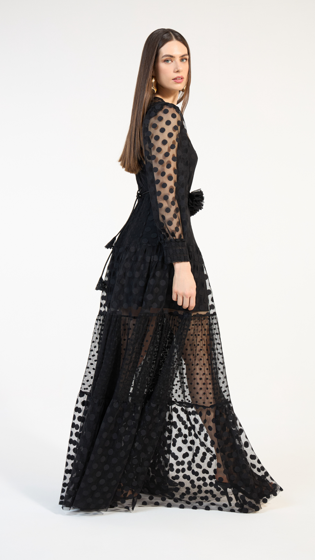 Vestido Longo Tule Poá Preto