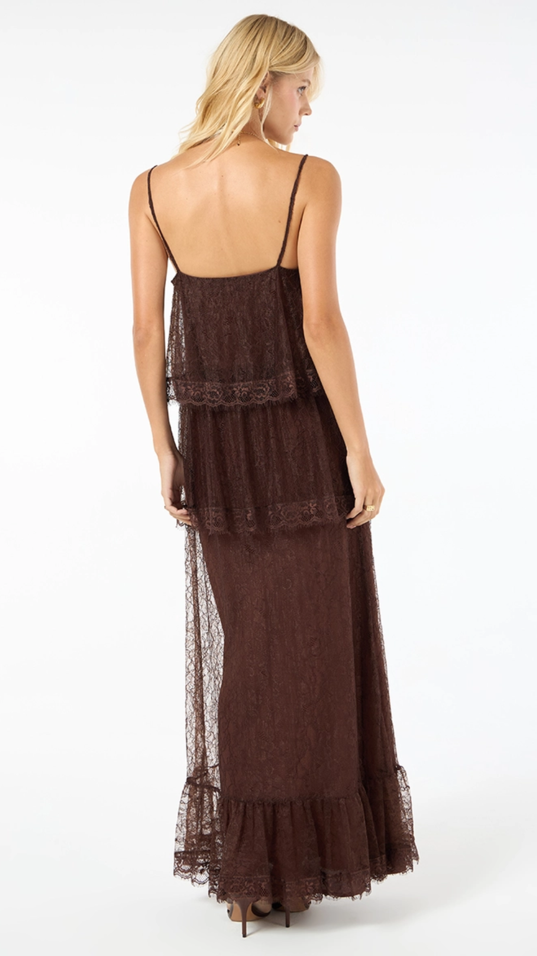 Vestido Longo Renda Camadas Marrom Netherla