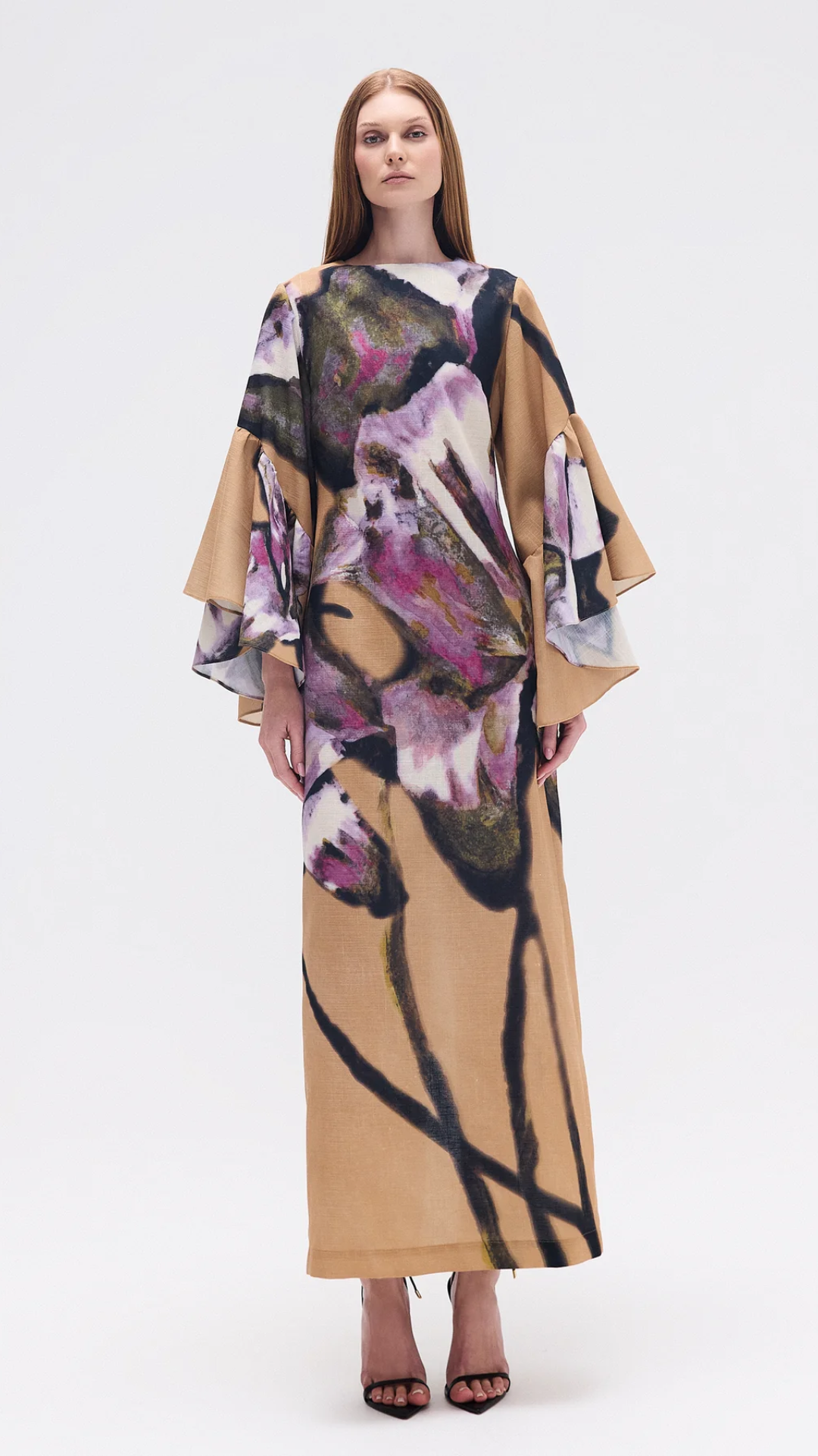 Vestido Longo Linho Manga Babados Floral