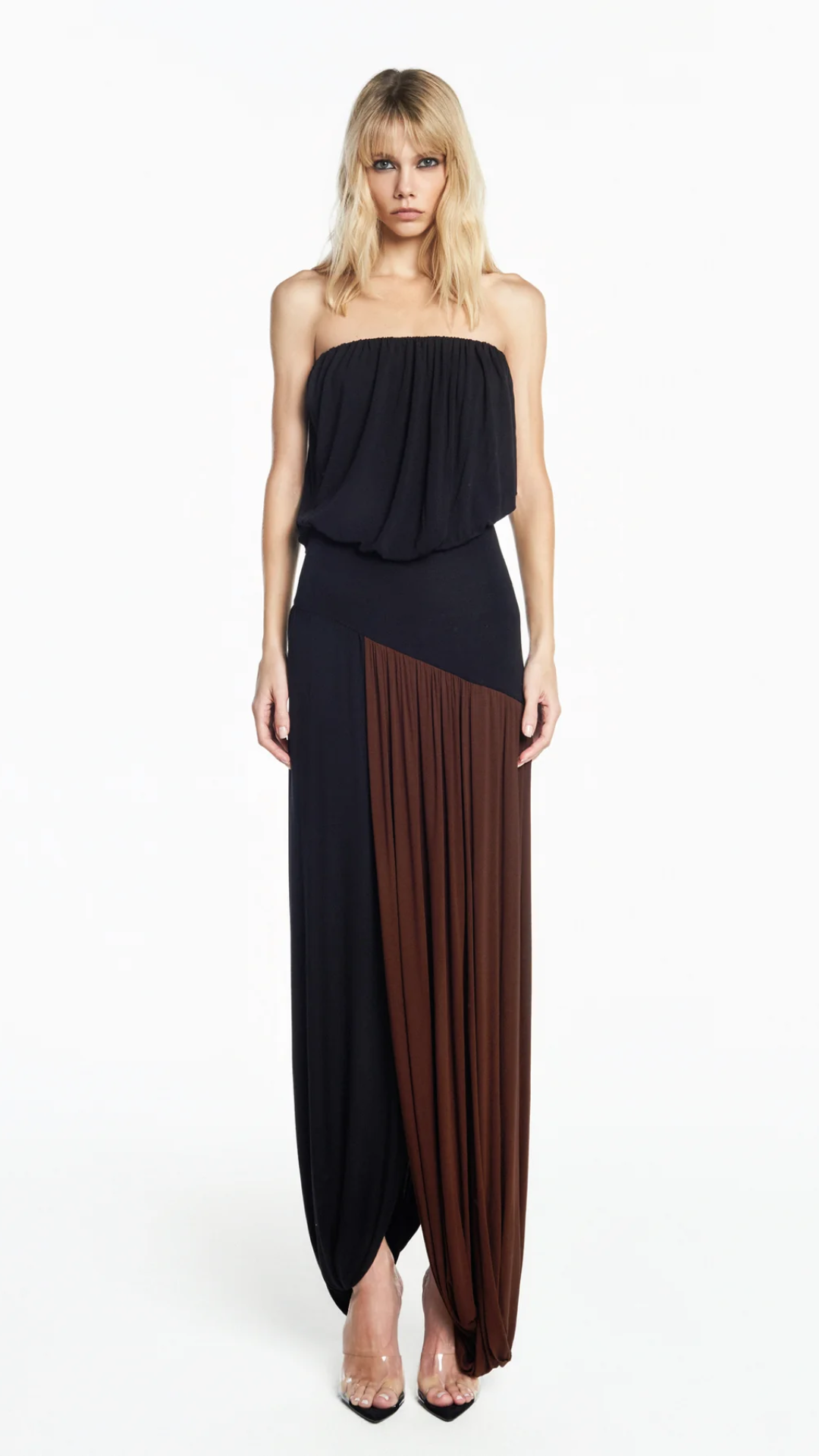 Vestido Bicolor Tomara que Caia Saia Torcida Corpo Drapeado Pala Cintura Malha Marrom e Preto