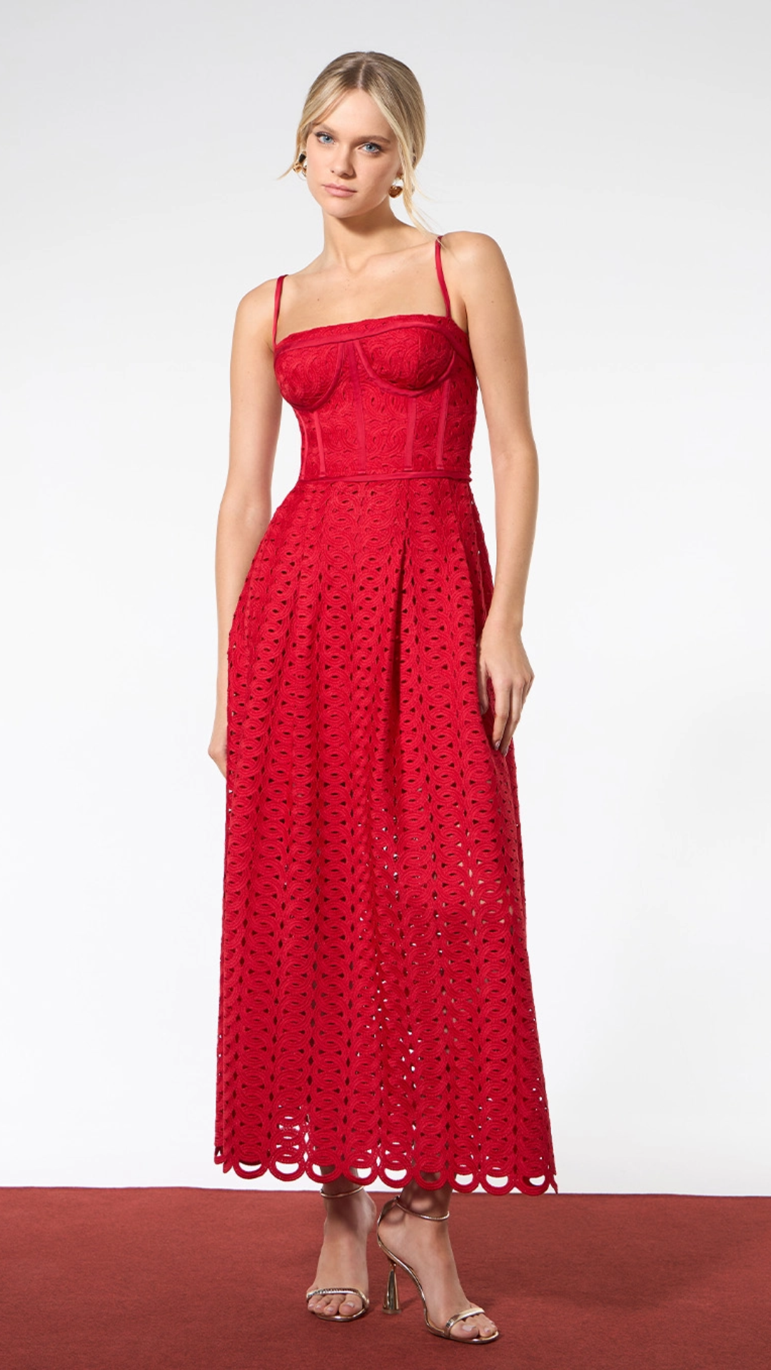 Vestido Midi Em Renda Elos Vermelho Sparkl