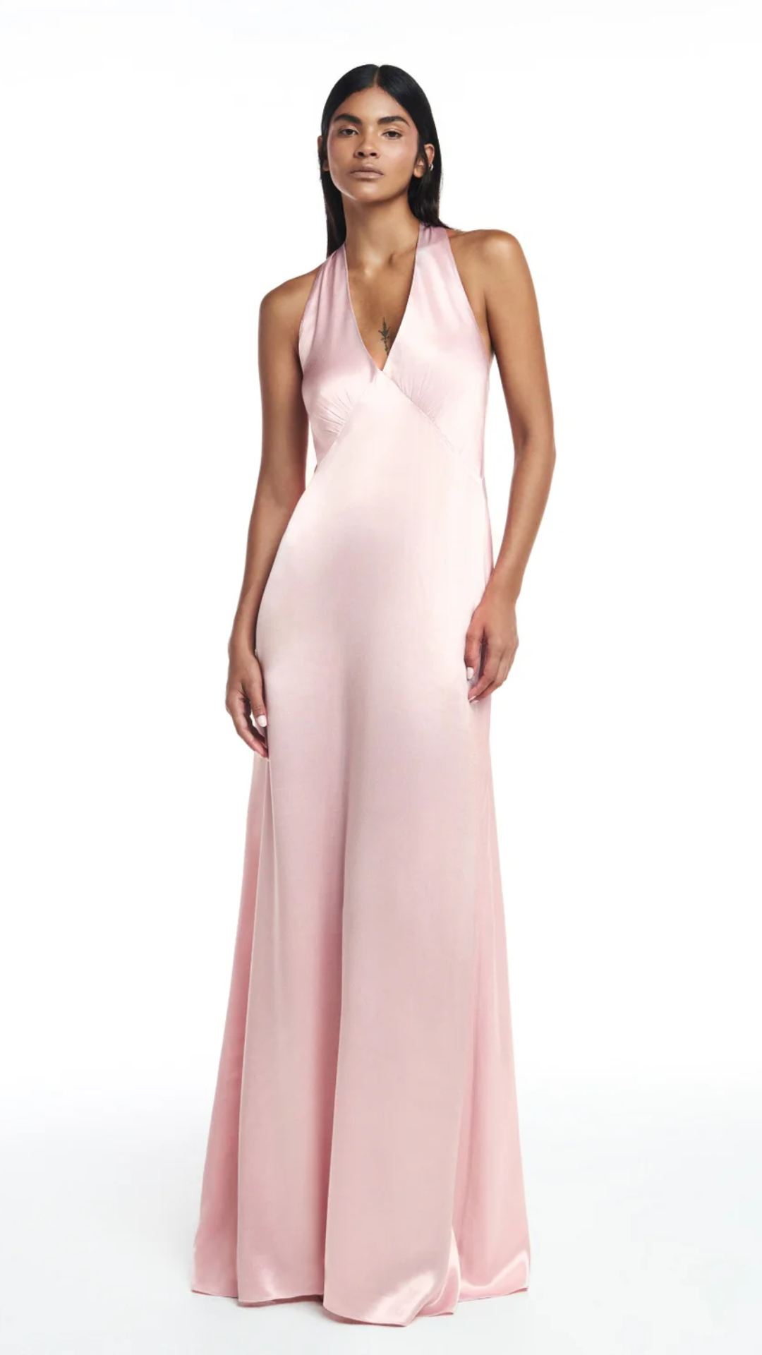 Vestido Longo Frente Única Cetim Rosa