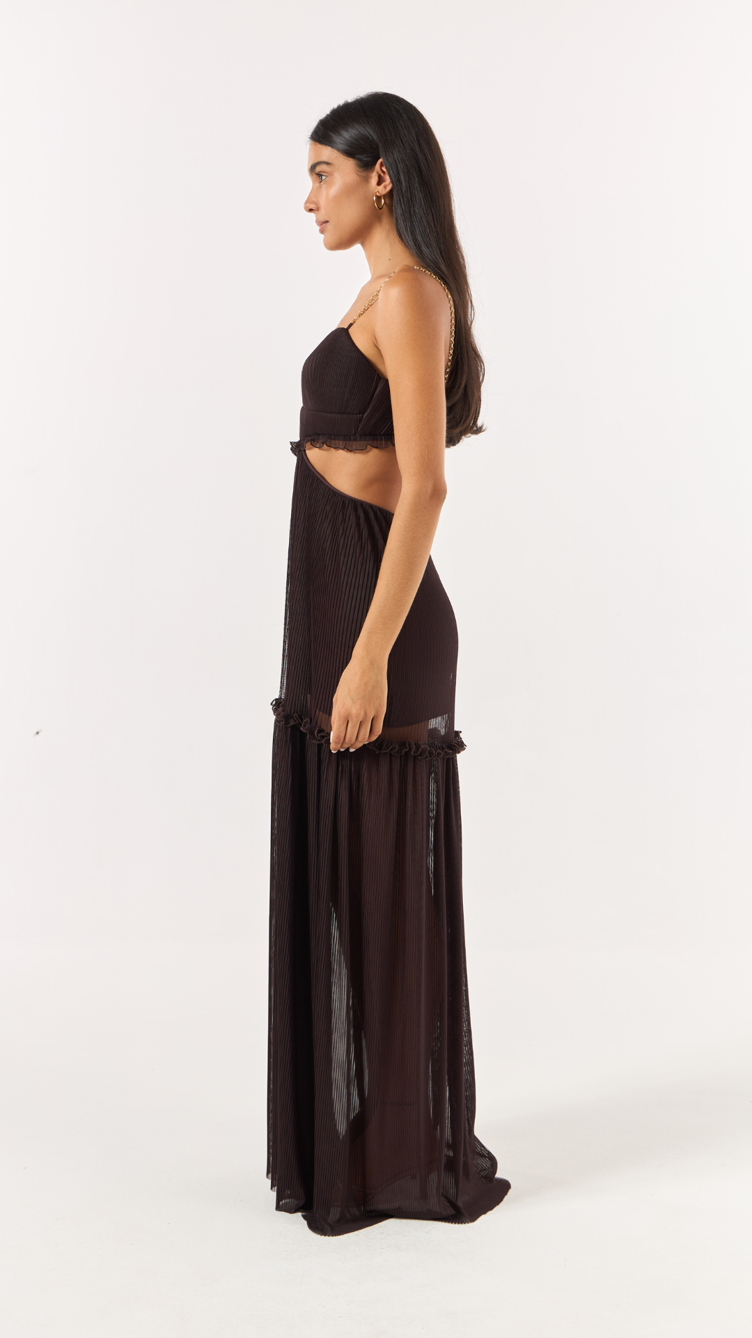 Vestido Longo Cut Out Tule Plissê Marrom Hollow