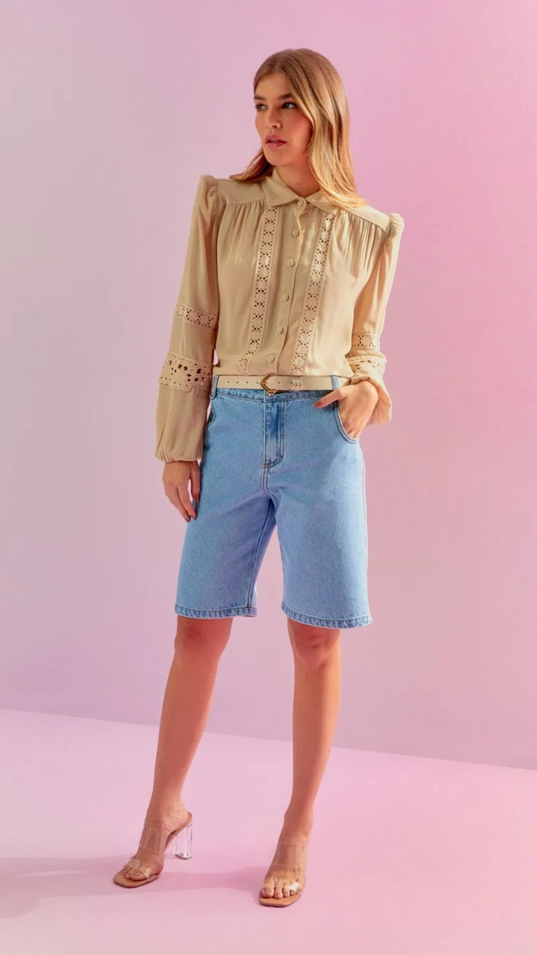 Camisa Georgette Rendas Crochet Pérola