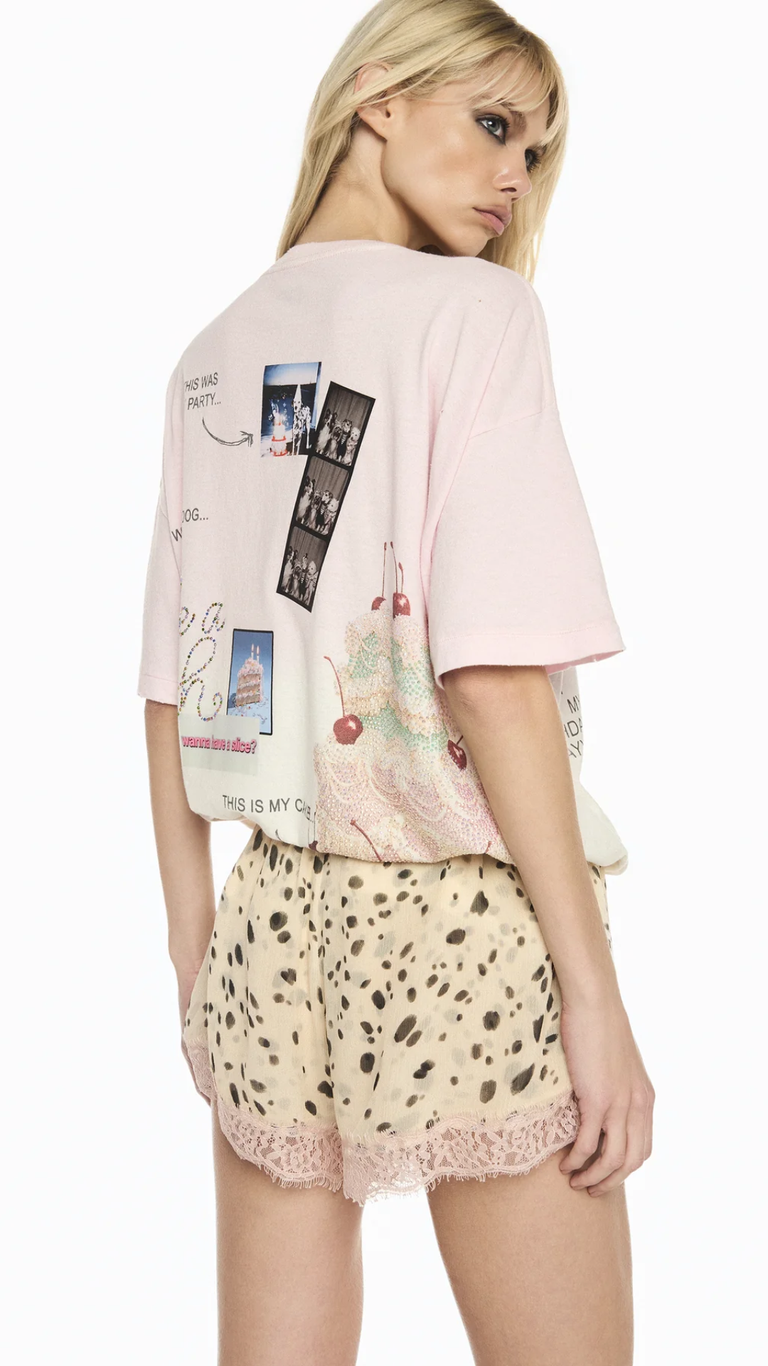 Shorts Elástico Cós Chiffon Dálmata Renda Rosa