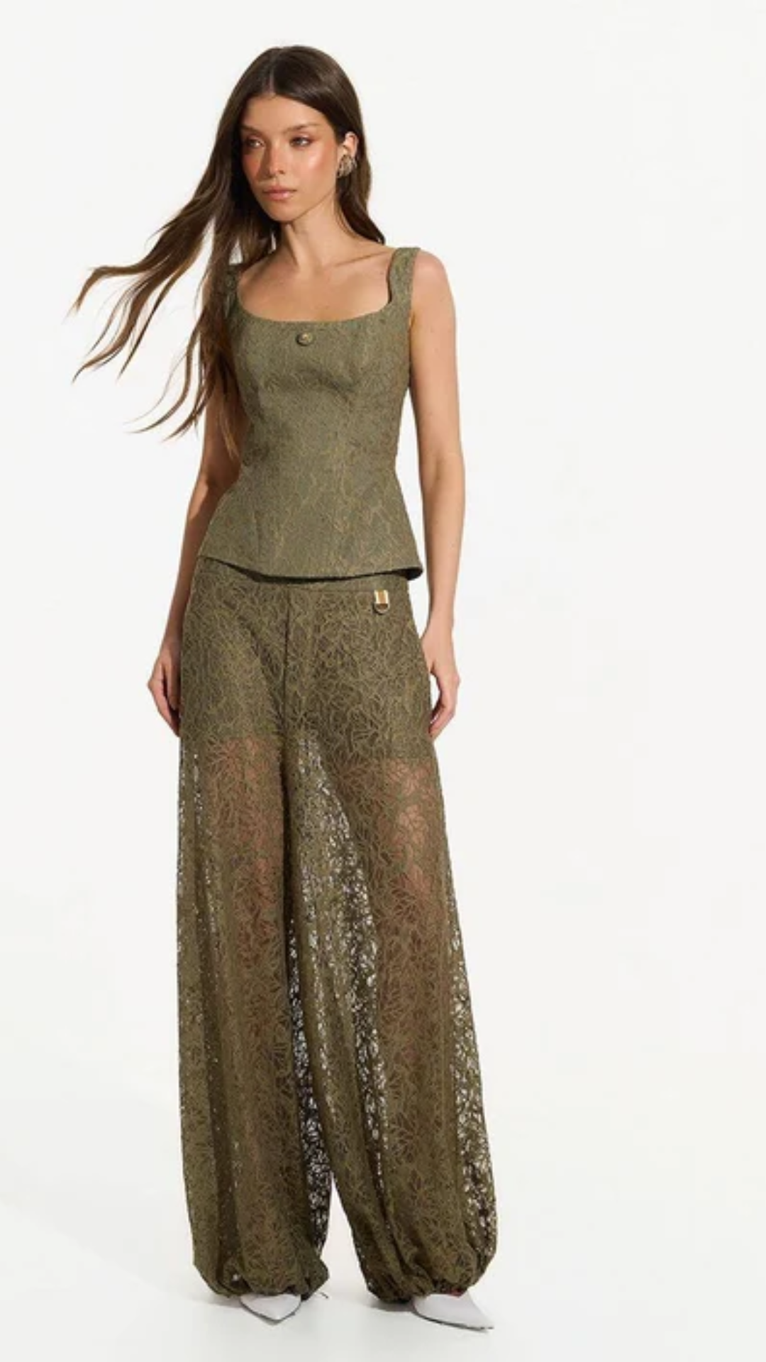 Calça Renda Com Elastico Na Barra Verde Oliva