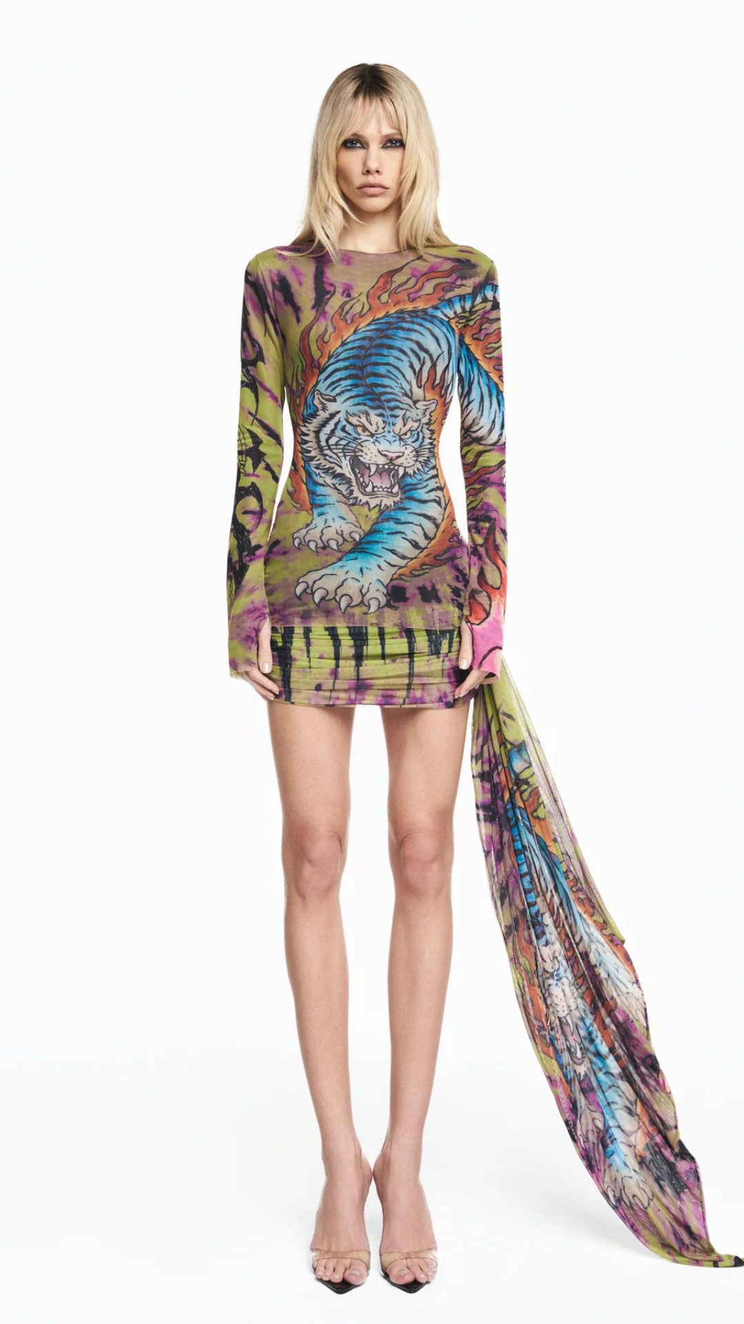 Blusa Manga Longa Tule Tattoo Tigre Tie Dye