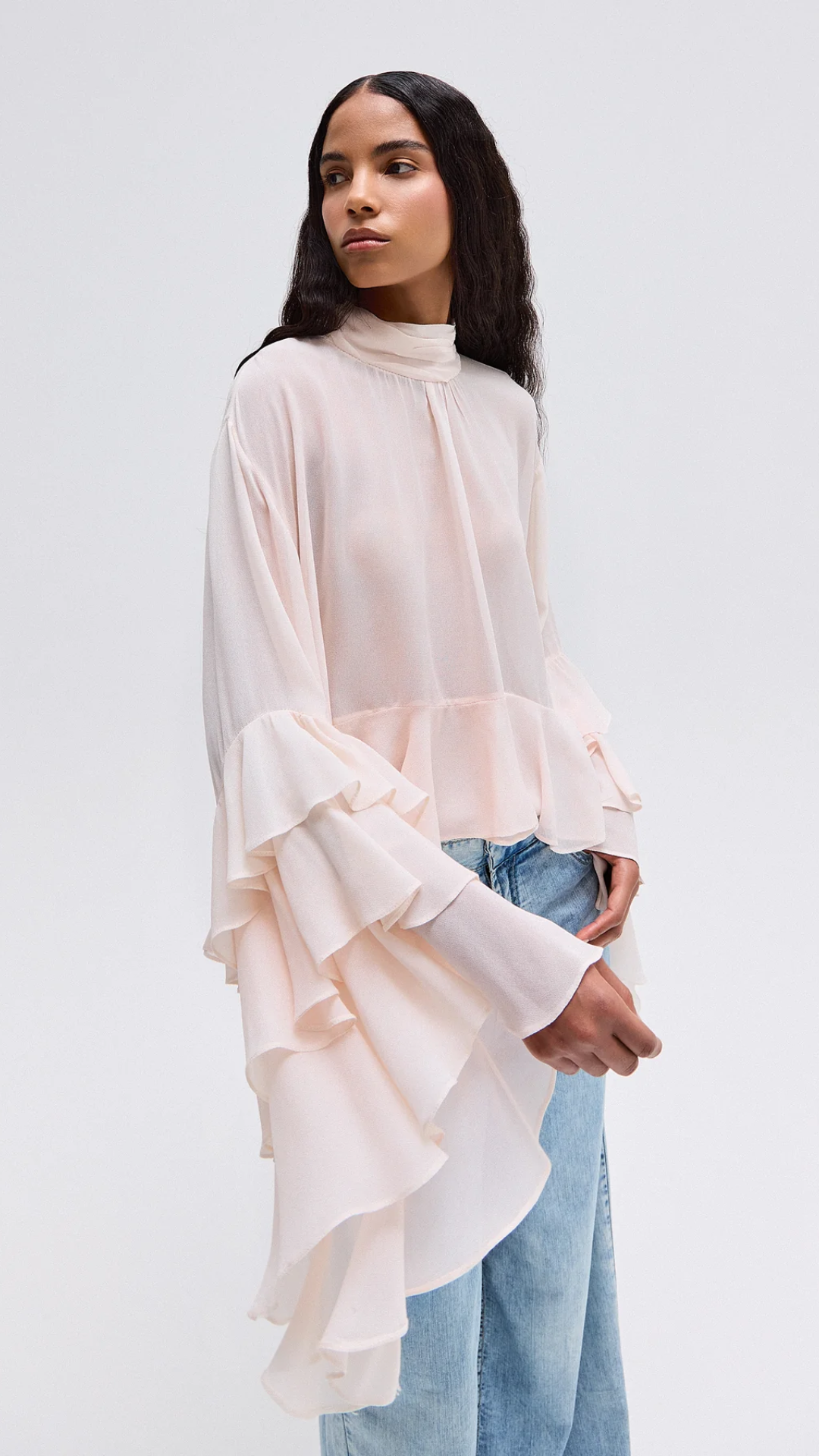 Blusa Gola Alta Babados Rosa Claro