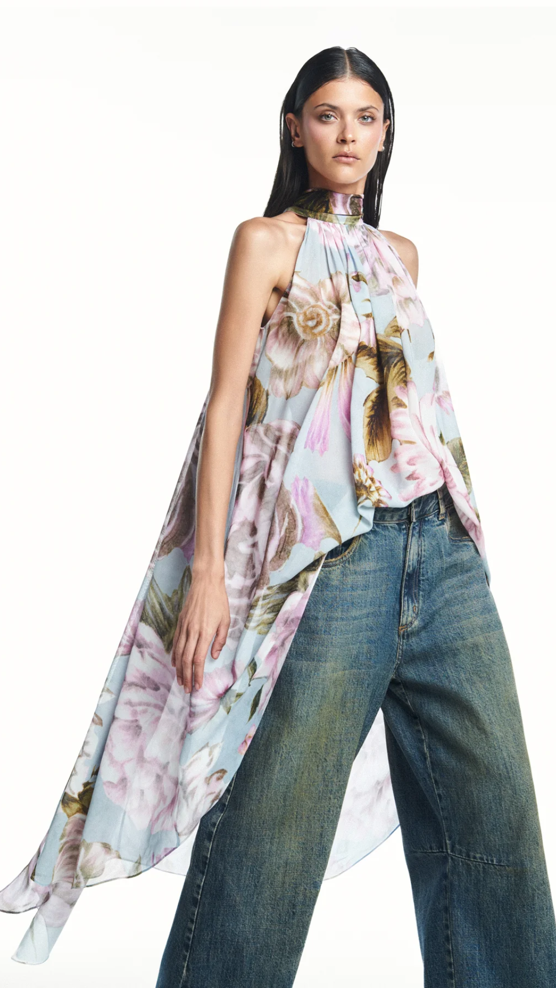 Blusa Gola Alta Mullet Floral Azul