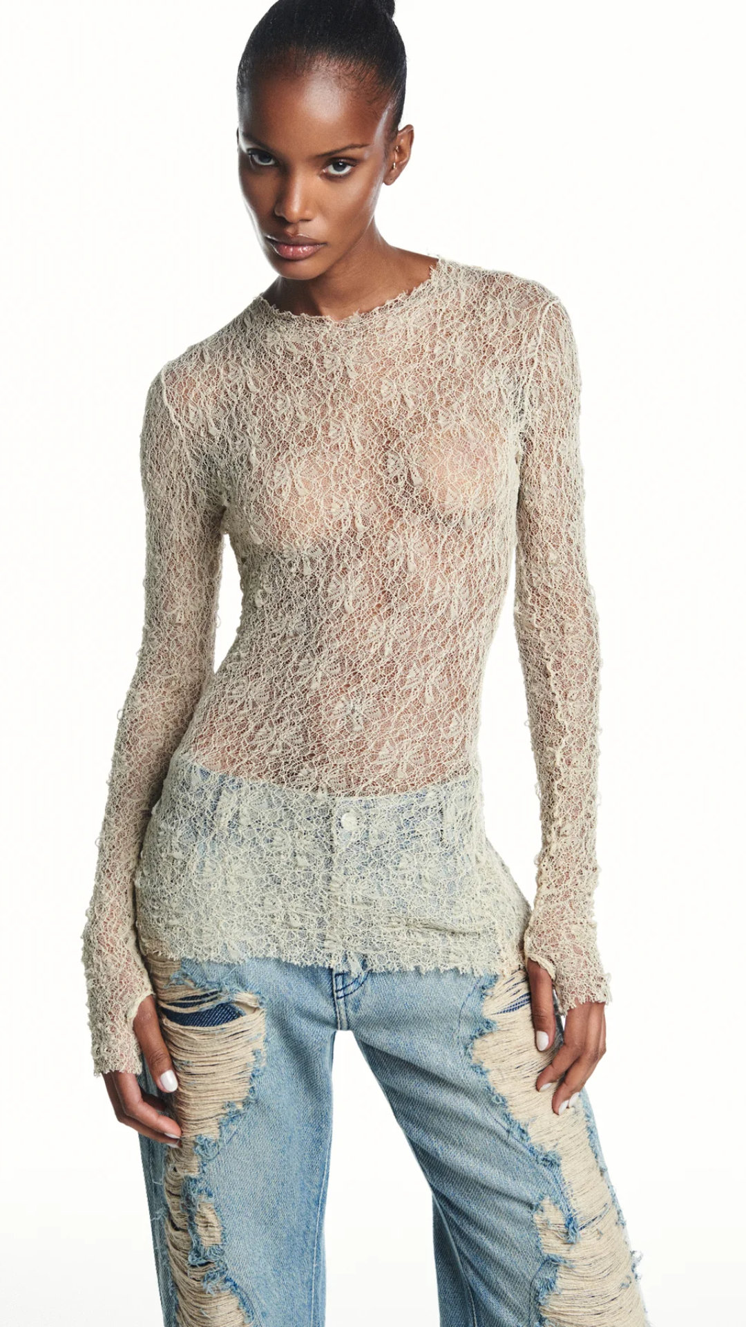 Blusa Manga Longa Renda Bege