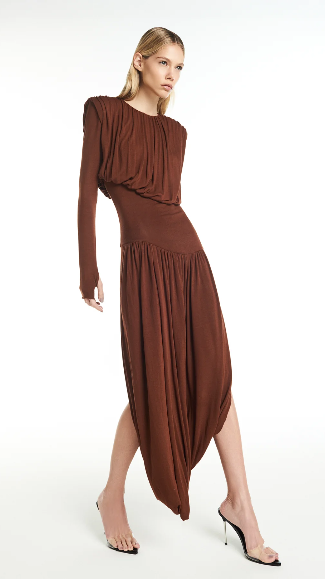 Vestido Longo Manga Longa Drapeado Marrom