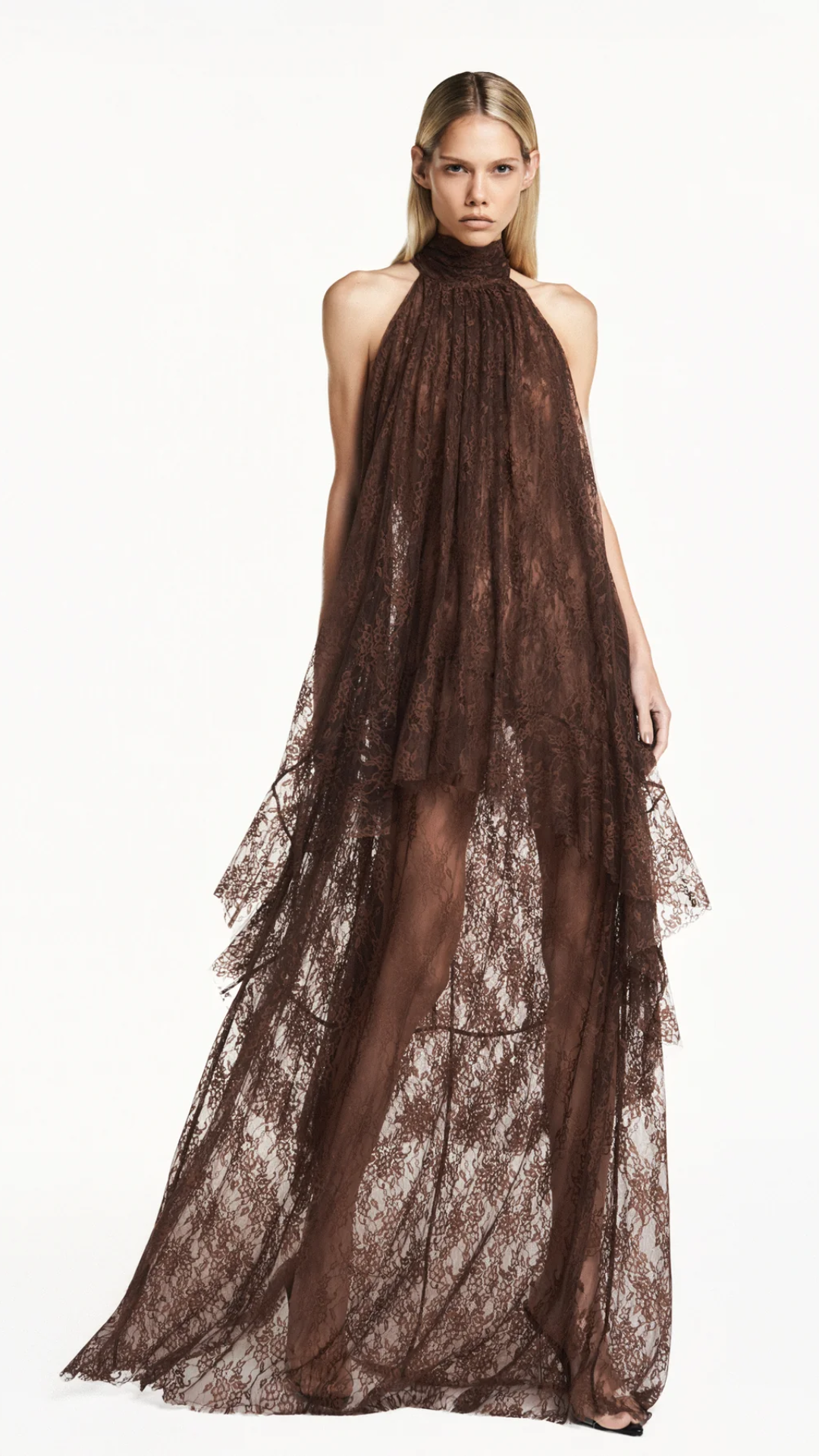 Vestido Longo Gola Alta Babado Mullet Renda Marrom