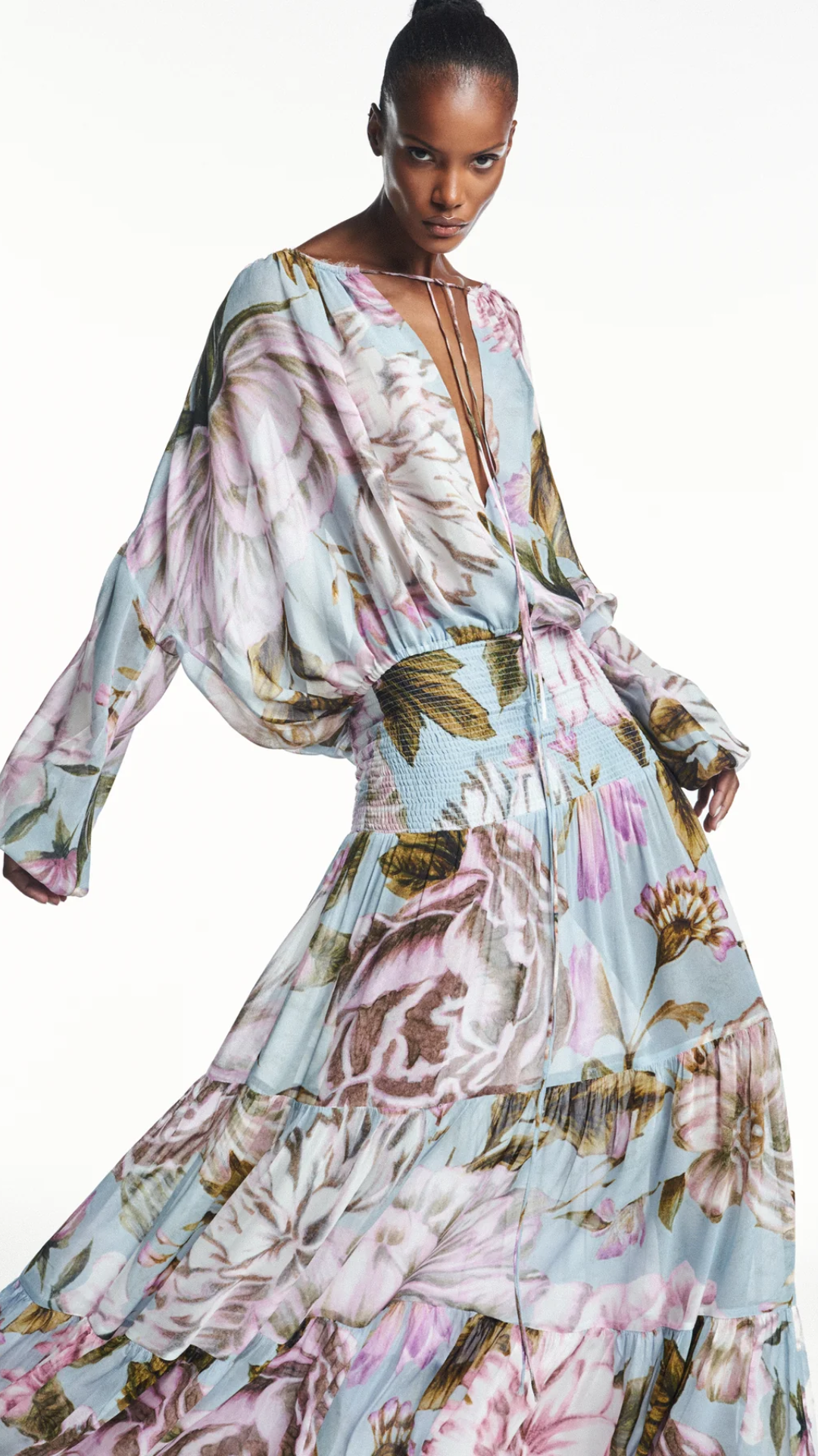 Bata Ampla Manga Longa Floral Azul