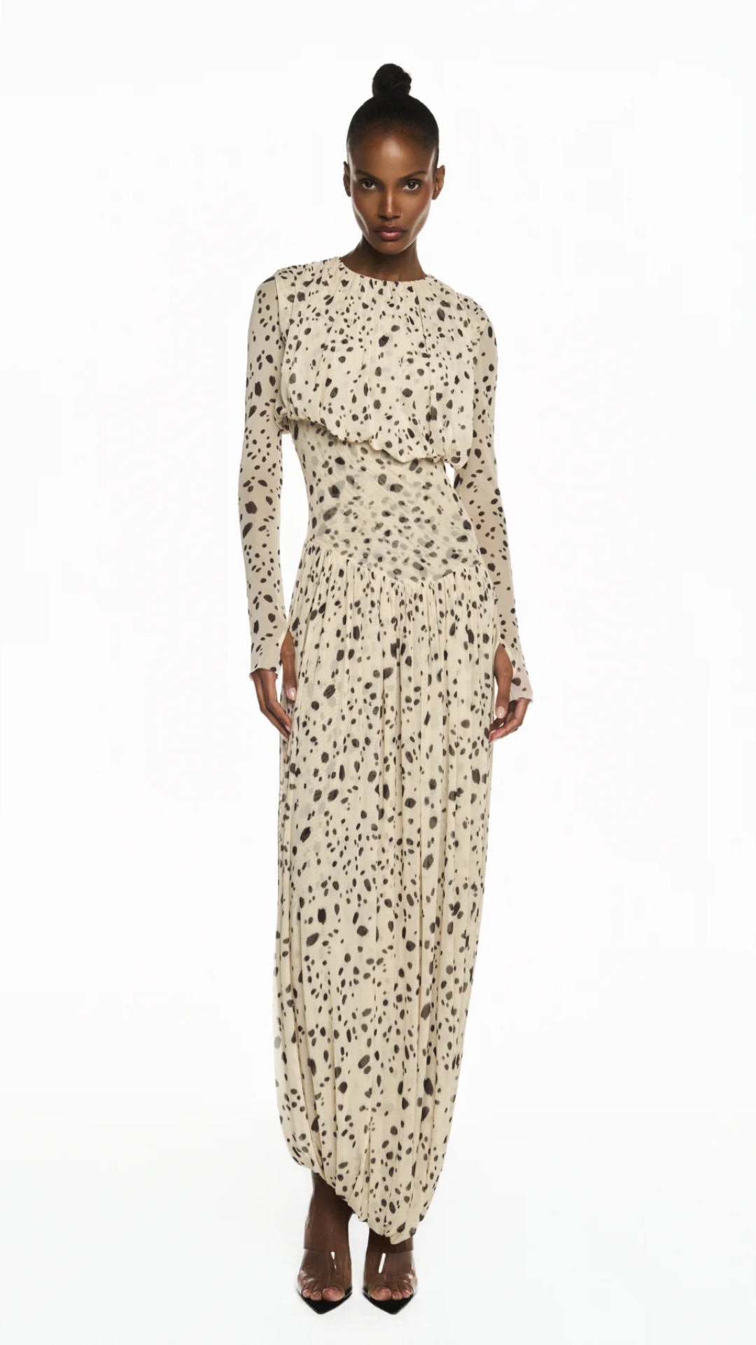 Vestido Longo Manga Longa Drapeado Tule Dálmata
