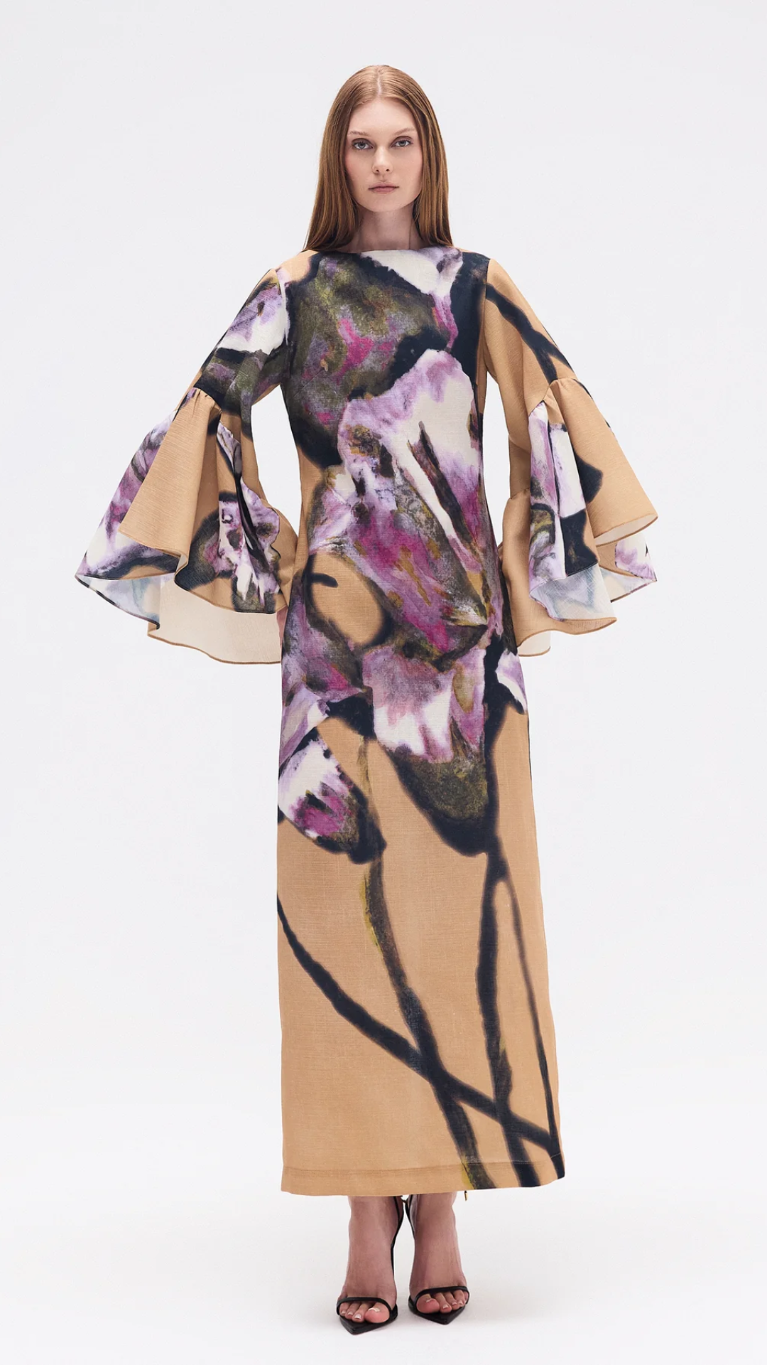 Vestido Longo Linho Manga Babados Floral