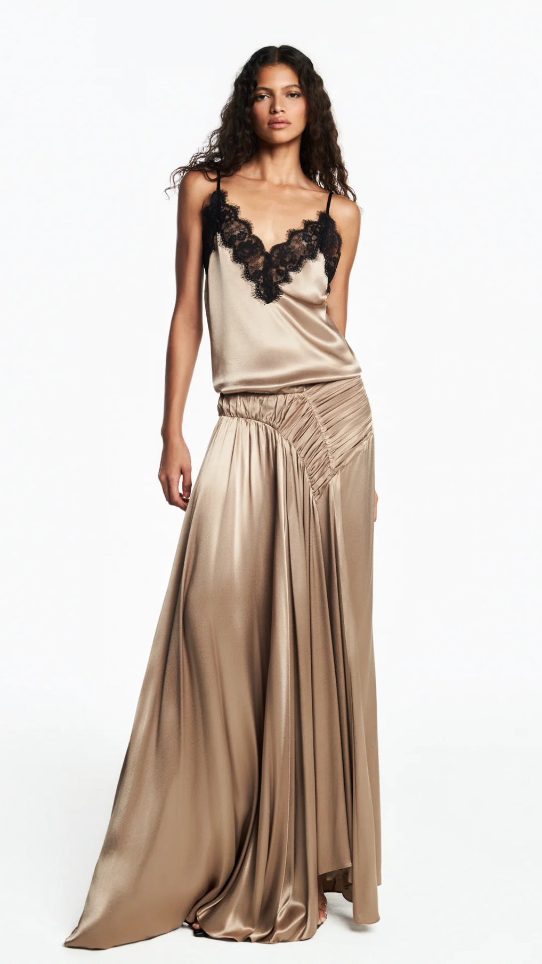 Saia Longa Drapeado Frontal Cetim Bege