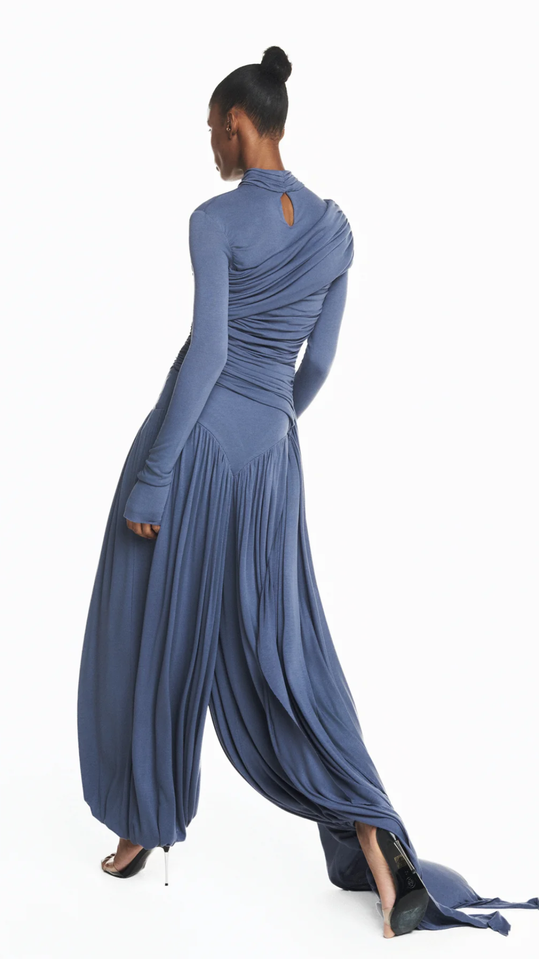 Blusa Gola Alta Manga Longa Transpasse Malha Azul