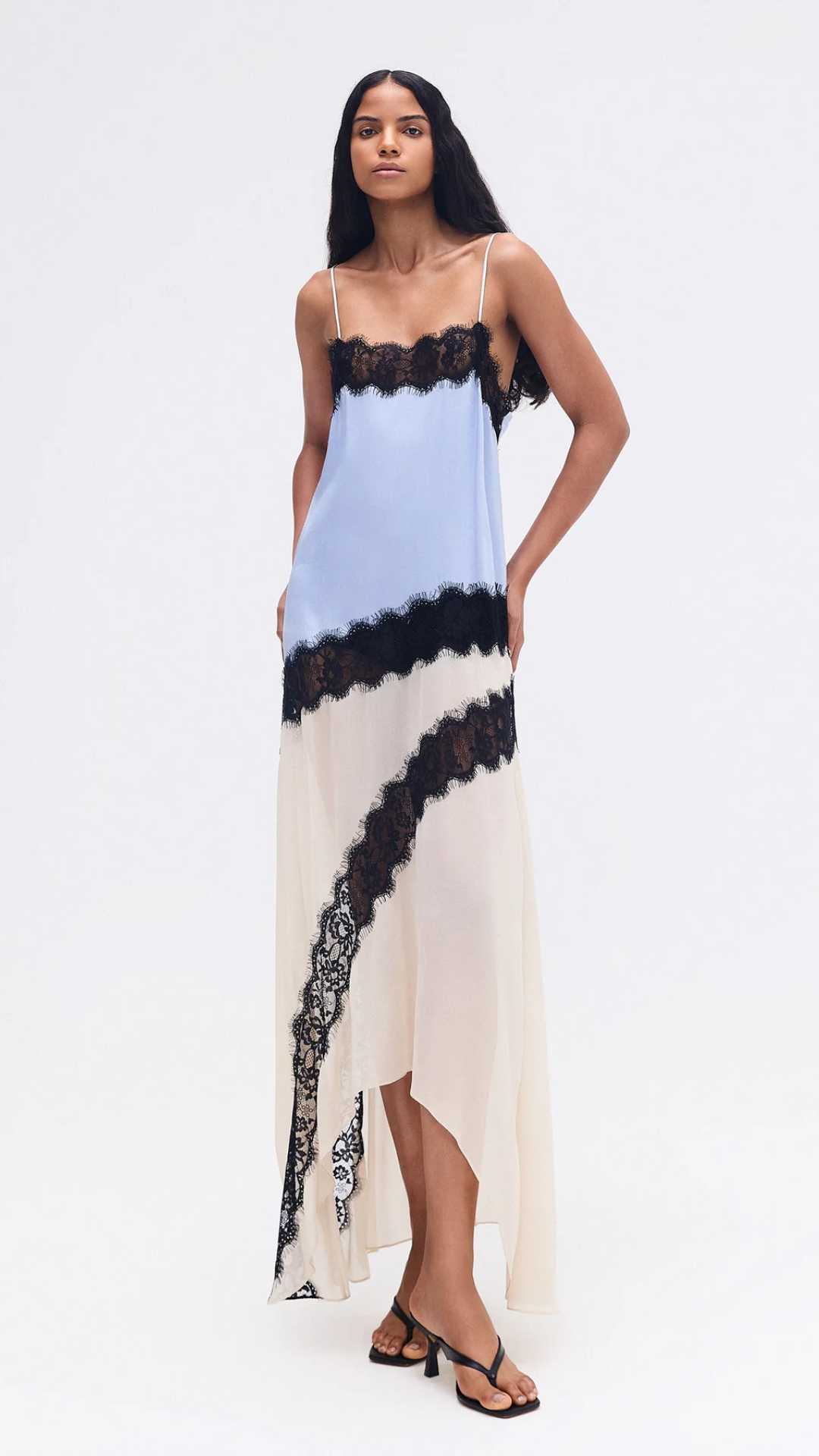 Vestido Longo Cetim Azul e Bege Renda Preta