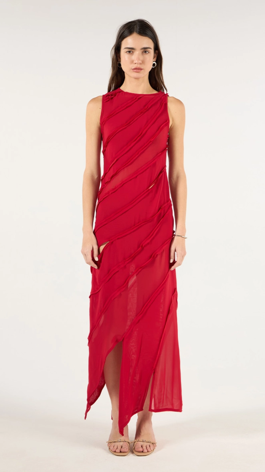 Vestido Longo Recortes Assimétricos Vermelho Labell