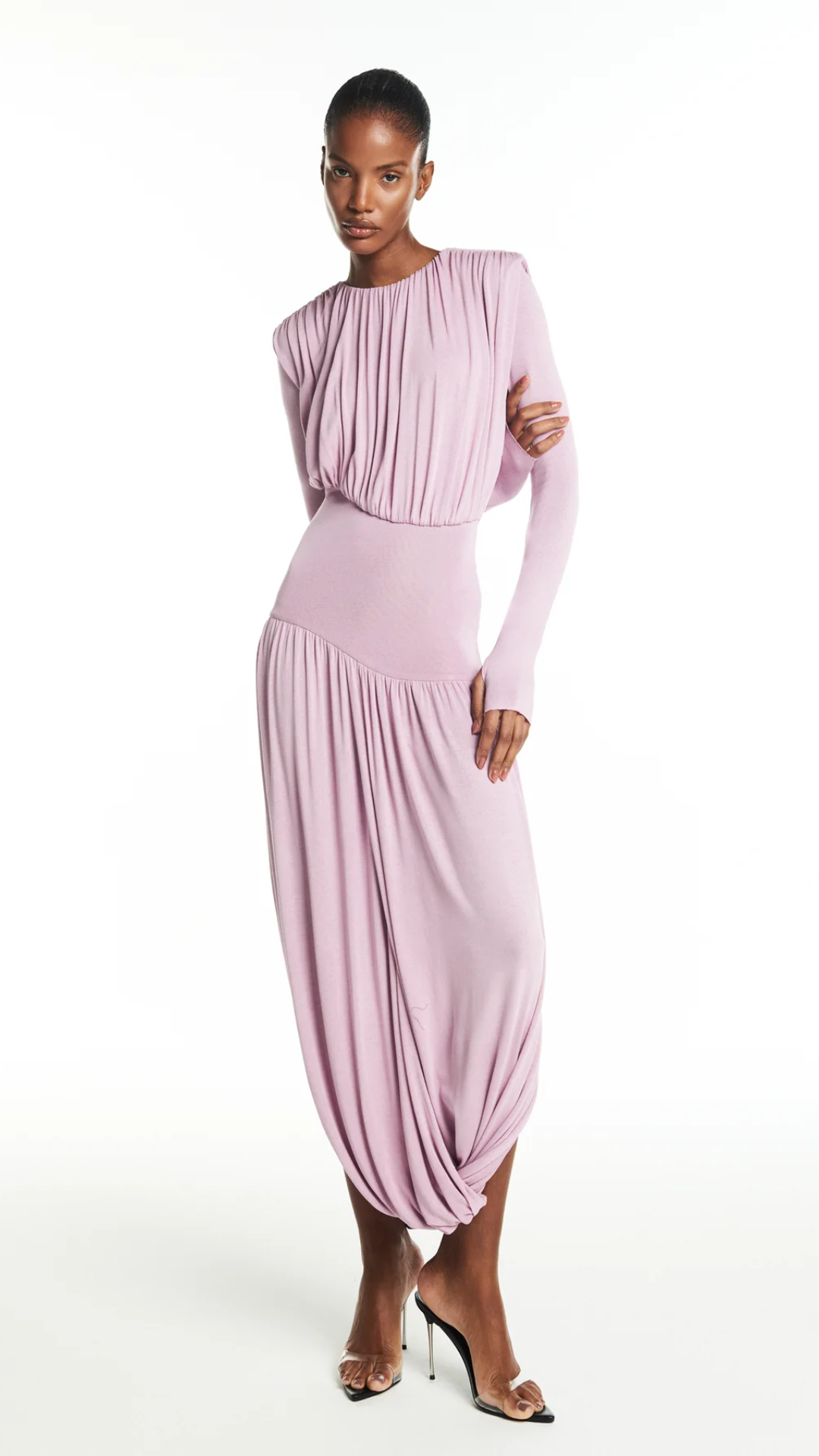 Vestido Longo Manga Longa Drapeado Lavanda