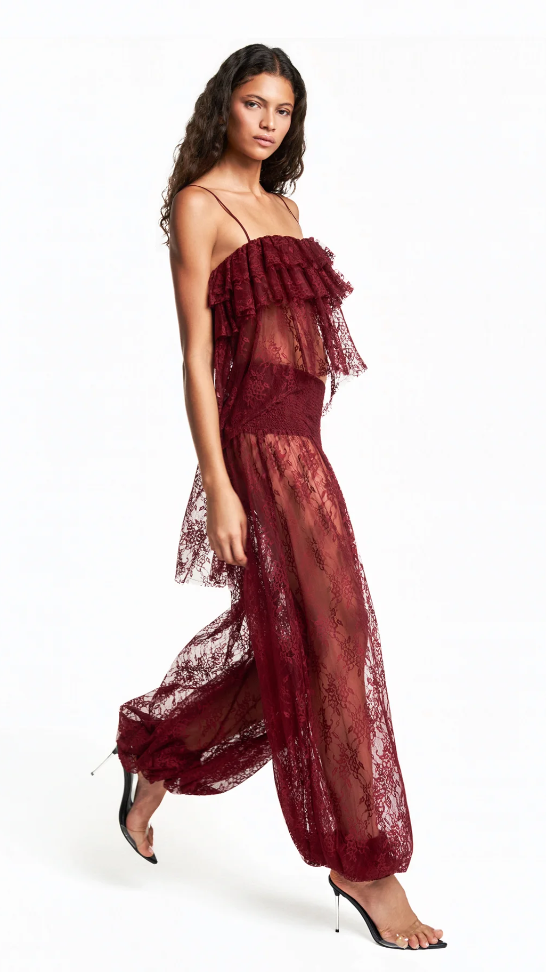 Regata Babados Mullet Renda Bordô