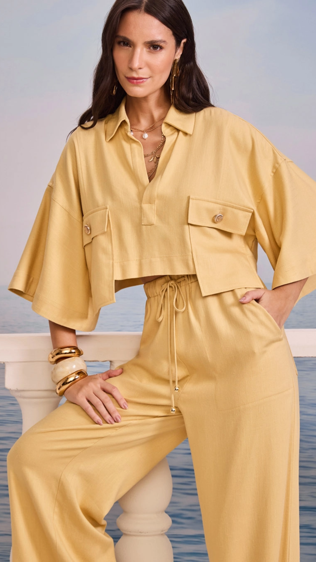 Conjunto Blusa e Calça Botões Concha Amarelo Honey