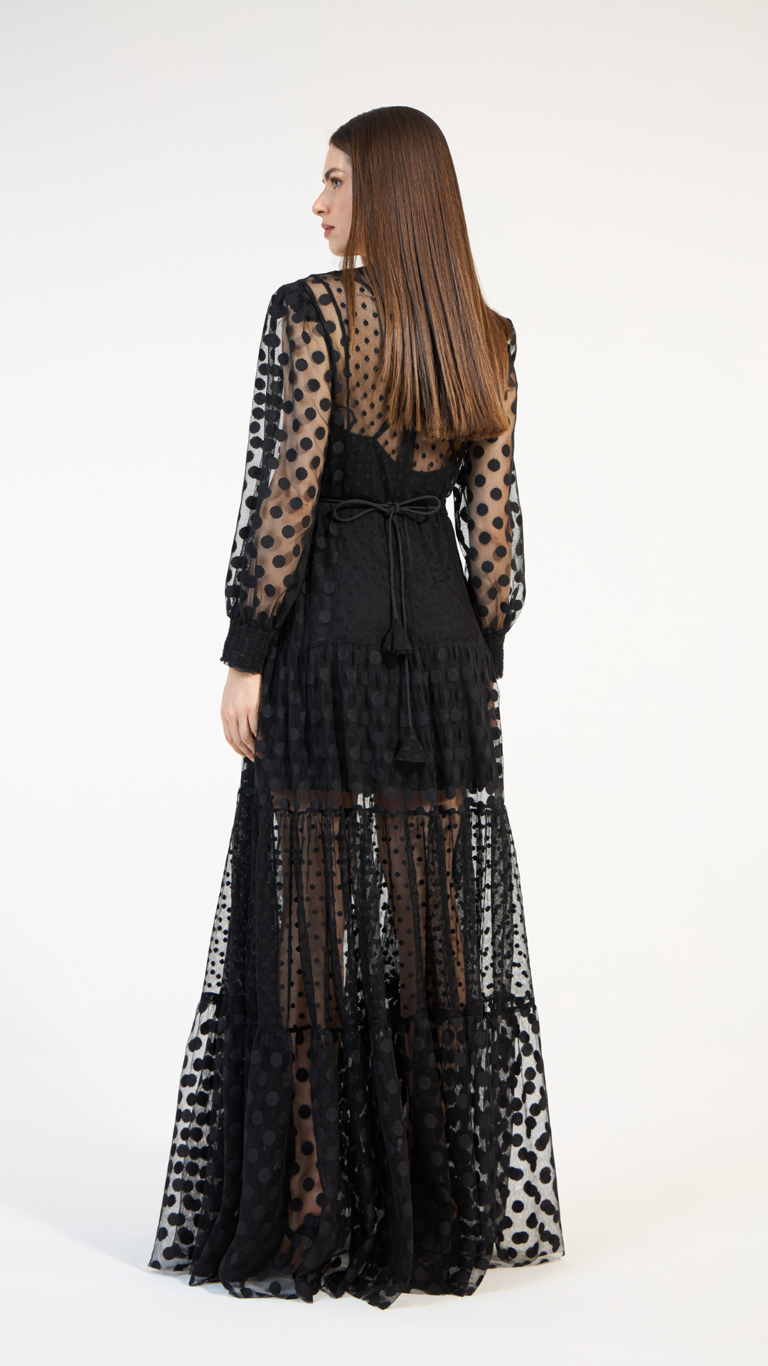 Vestido Longo Tule Poá Preto