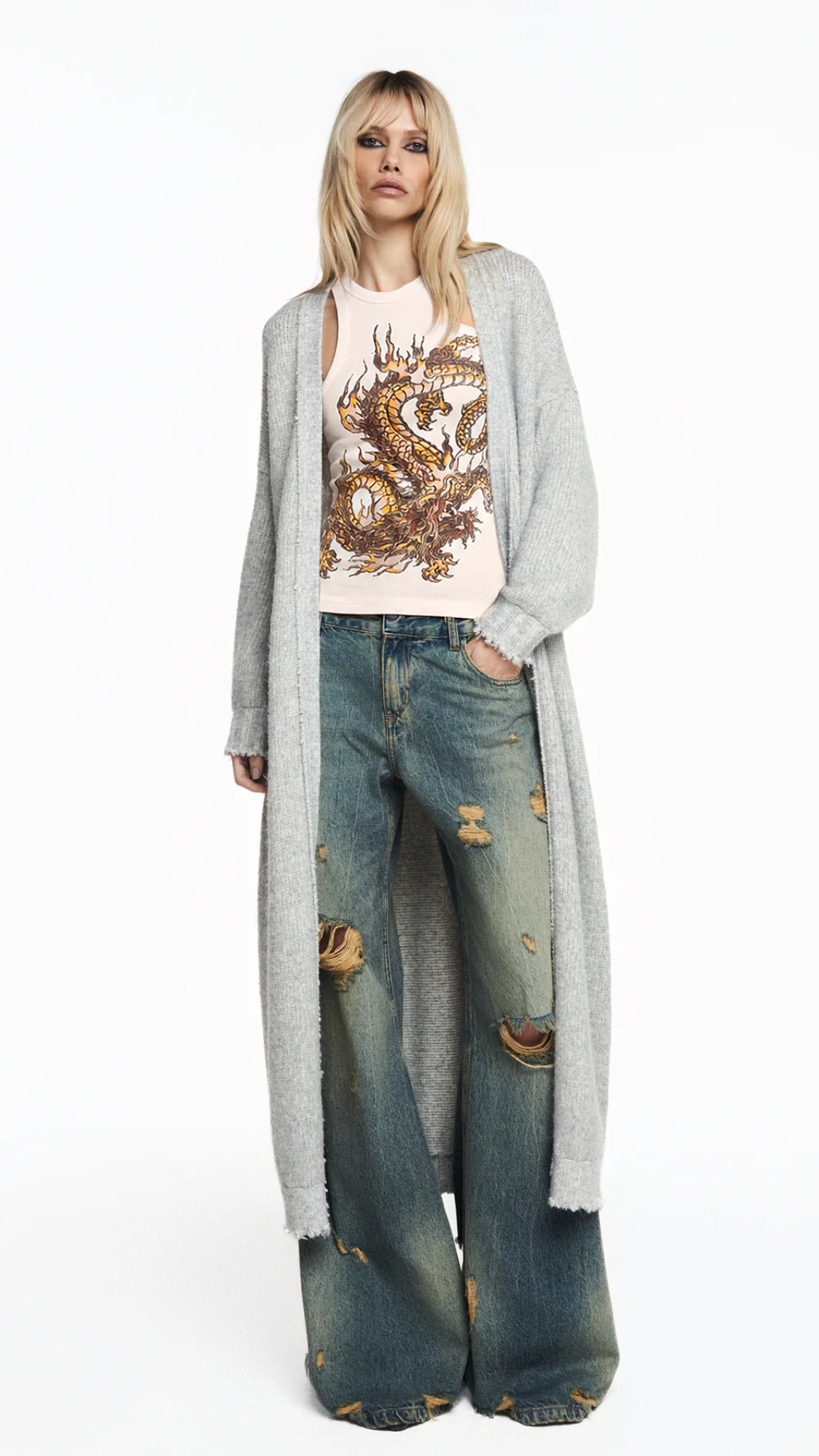 Cardigan Tricot Longo Cinza