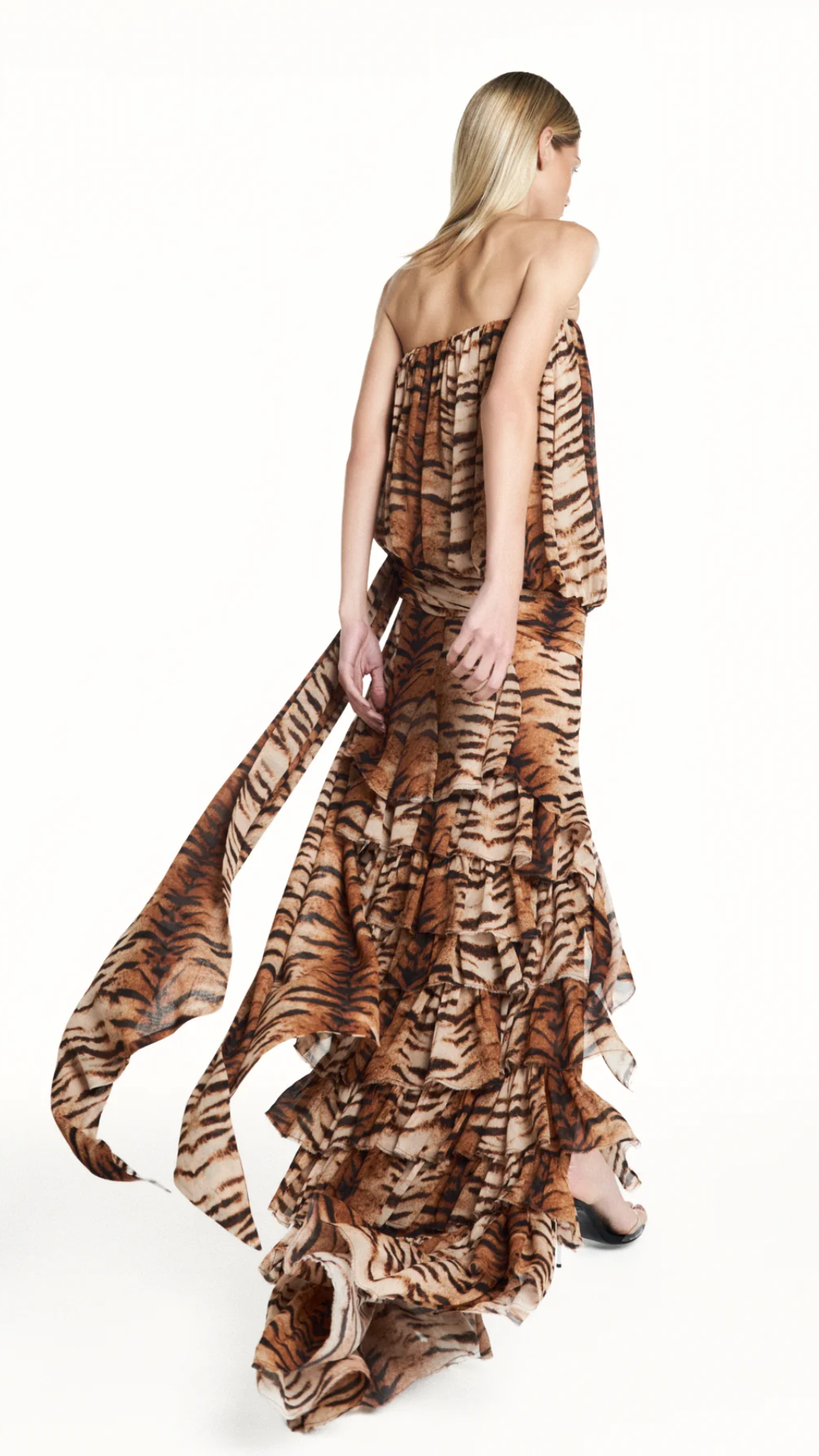 Blusa Tomara que Caia Balonê Faixa Assimétrica Drapeada Tigre