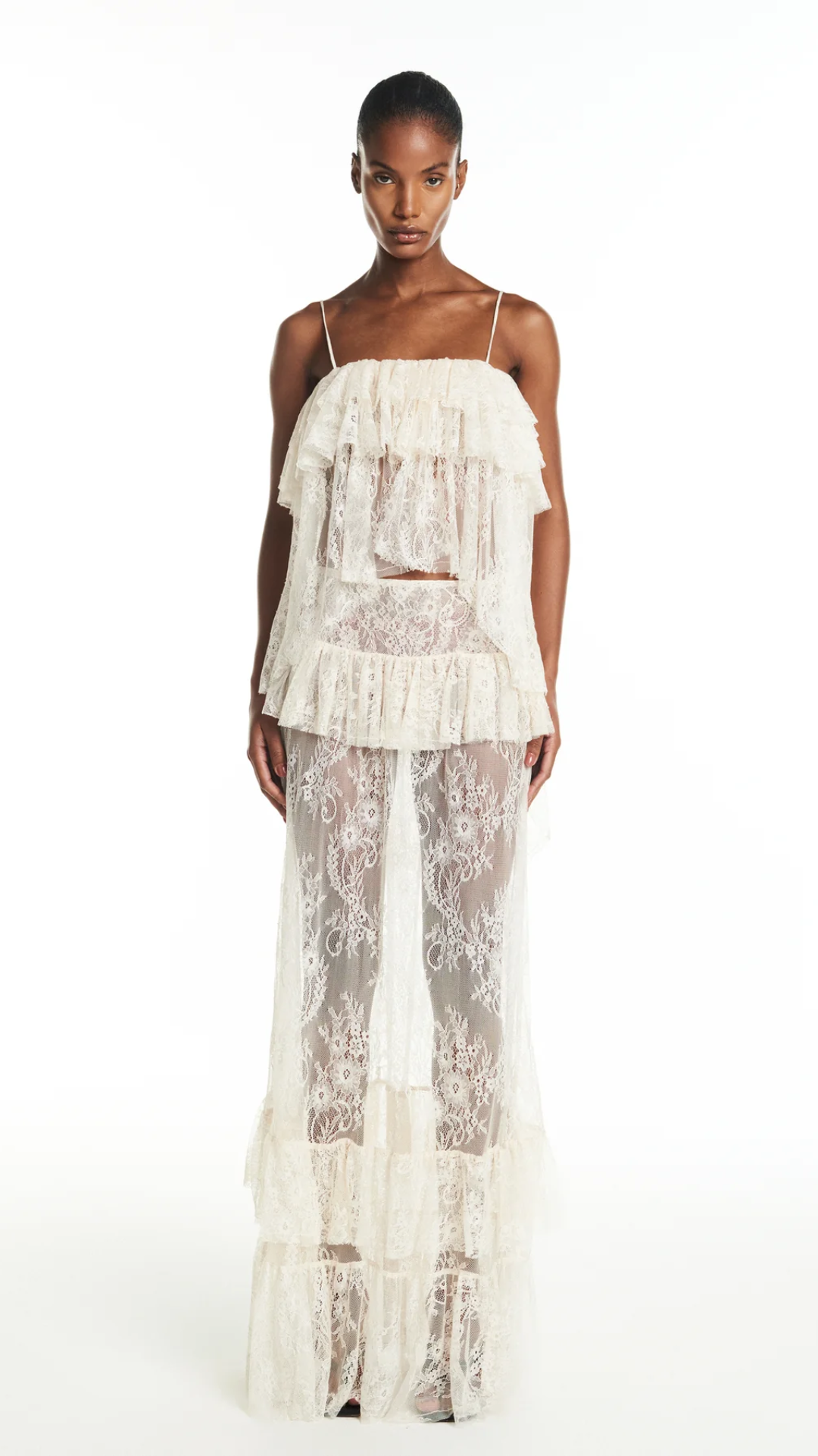 Saia Longa Babados Renda Off White