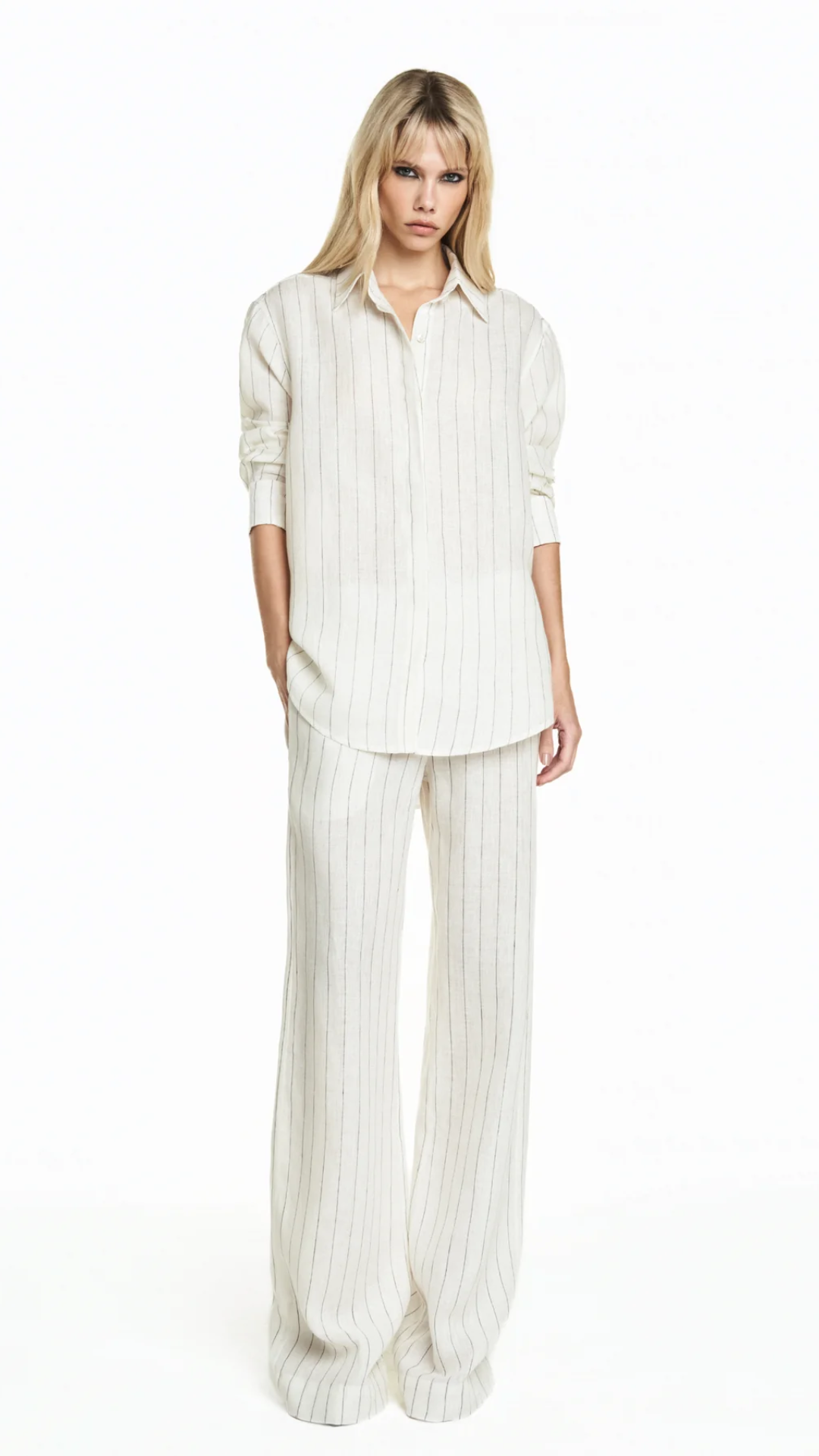 Camisa Linho Listrado Off White
