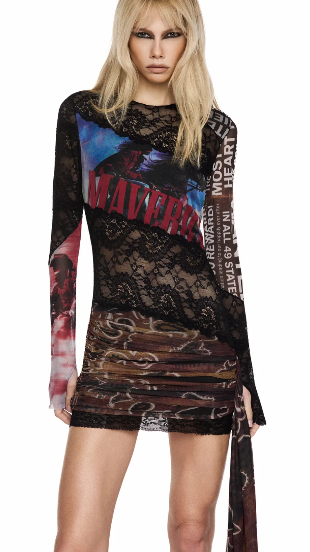 Vestido Curto Manga Longa Faixa Tule e Renda Maverick