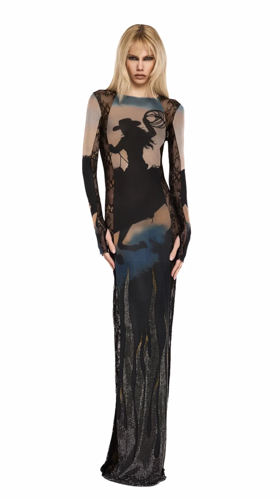 Vestido Longo Manga Longa Tule e Renda Wild Fire