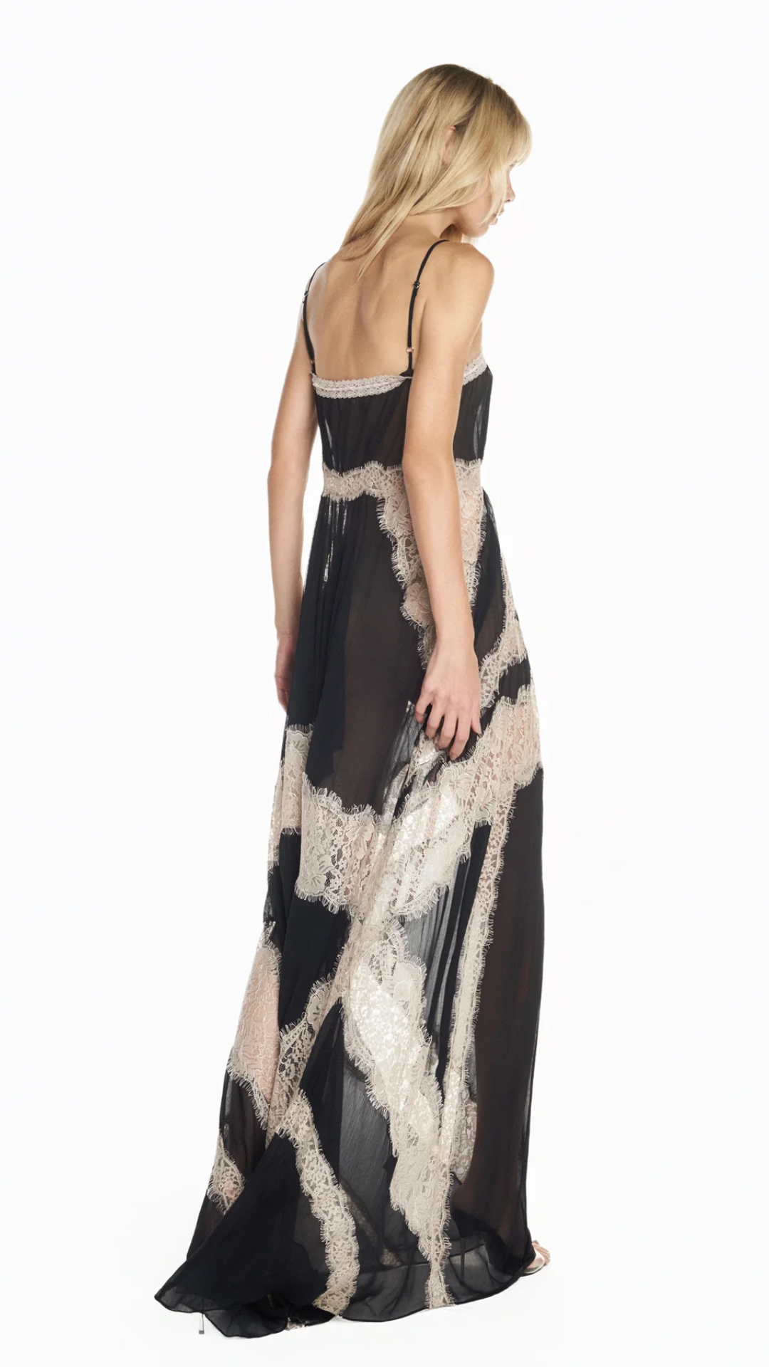 Vestido Longo Alça Chiffon Preto com Renda Bege