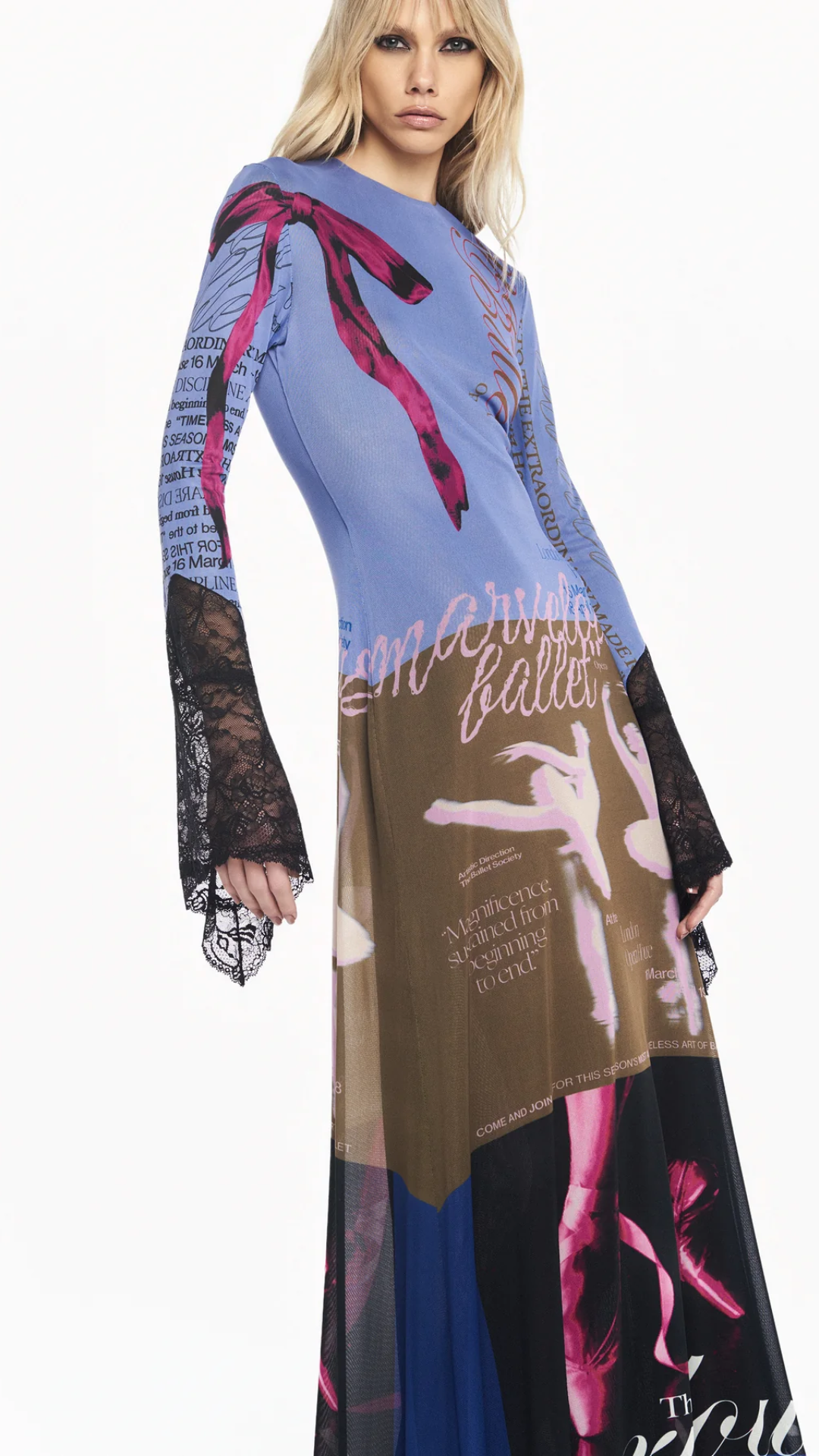 Vestido Longo Manga Longa Tule e Renda Ballet Laço