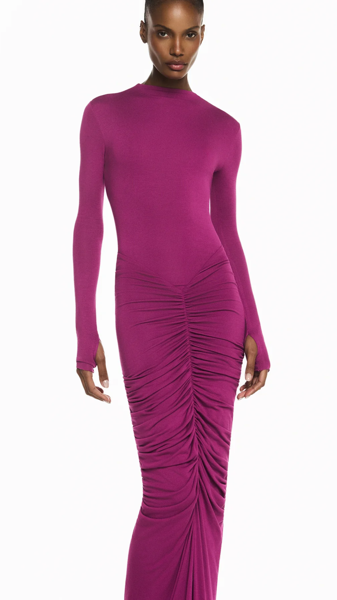 Vestido Longo Manga Longa Malha Fúcsia
