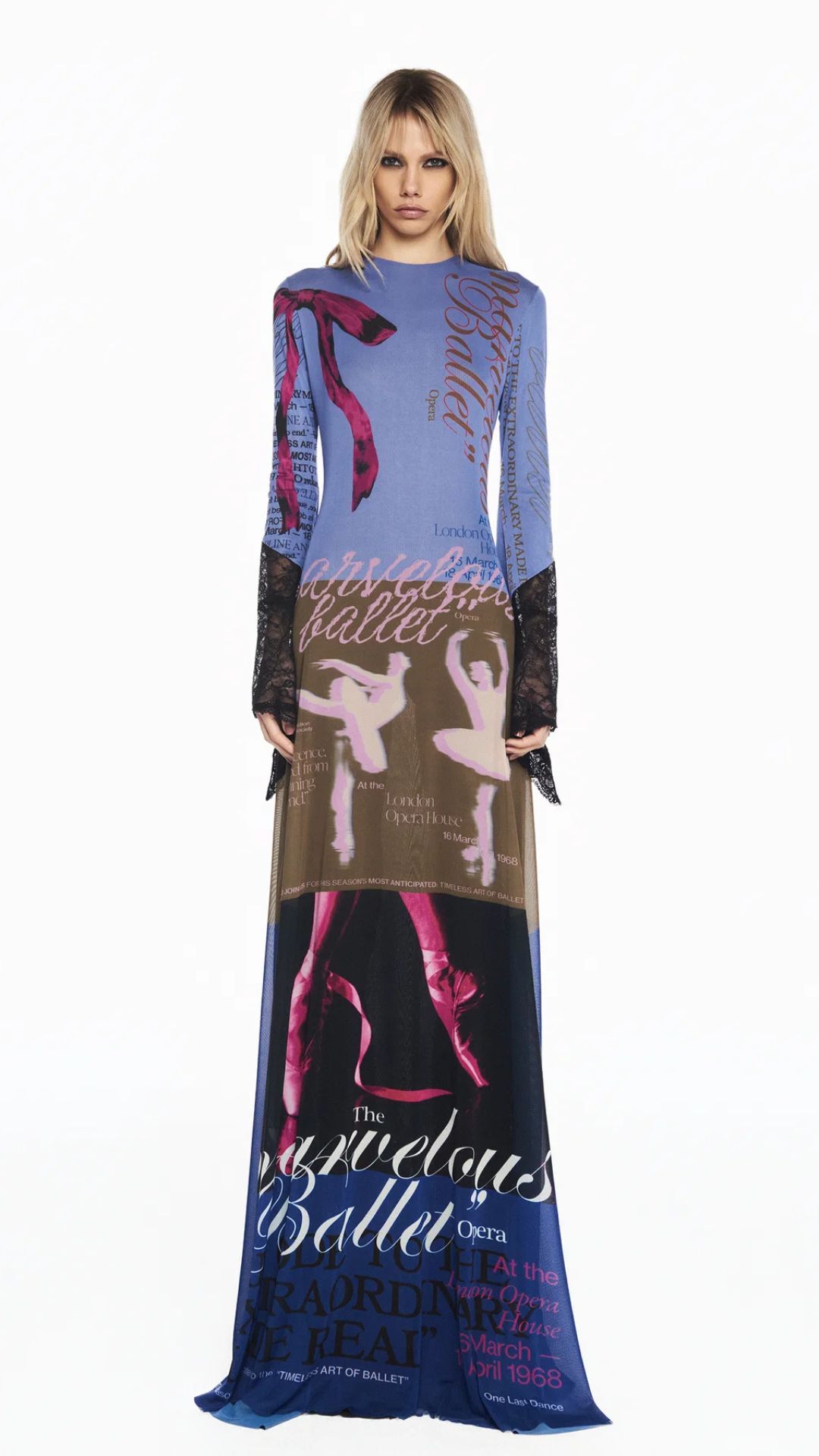 Vestido Longo Manga Longa Tule e Renda Ballet Laço