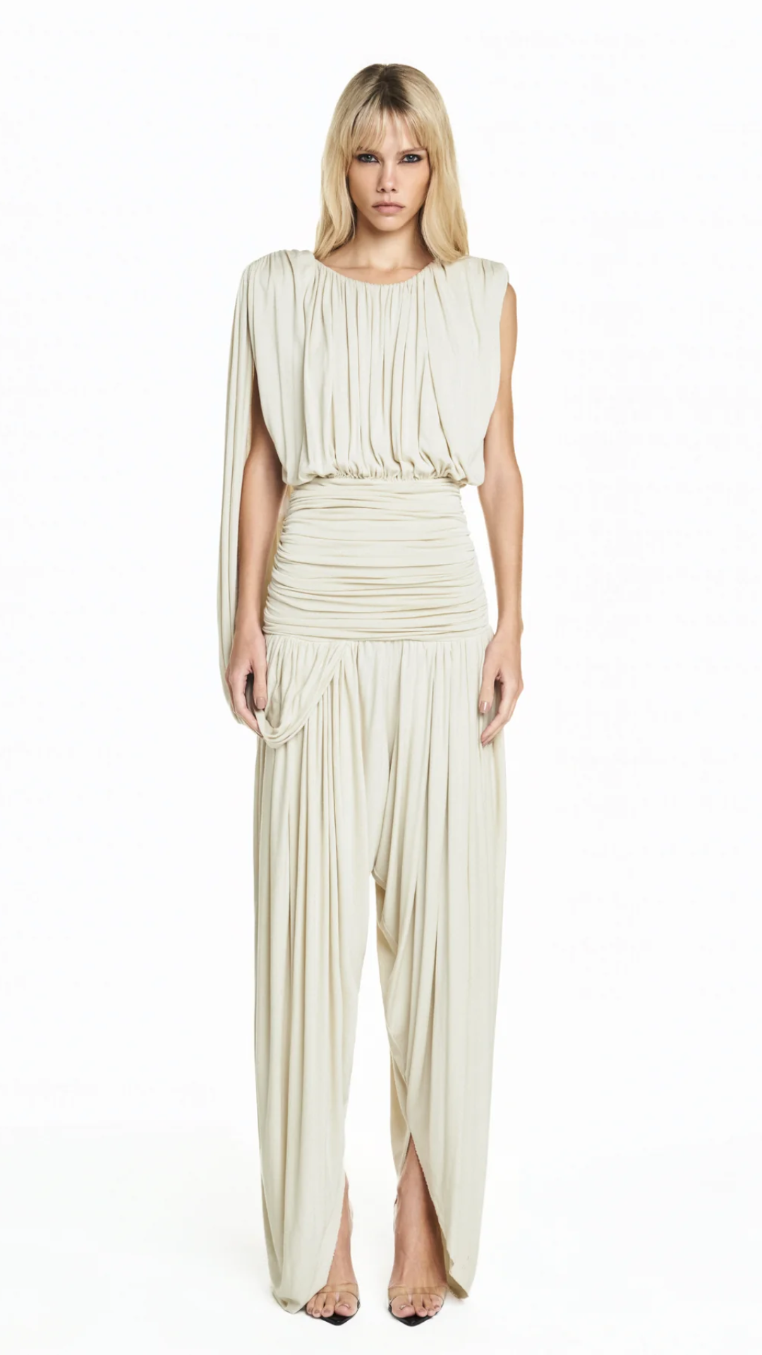 Macacão Corpo Pala Drapeada Faixa Lateral Malha Bege