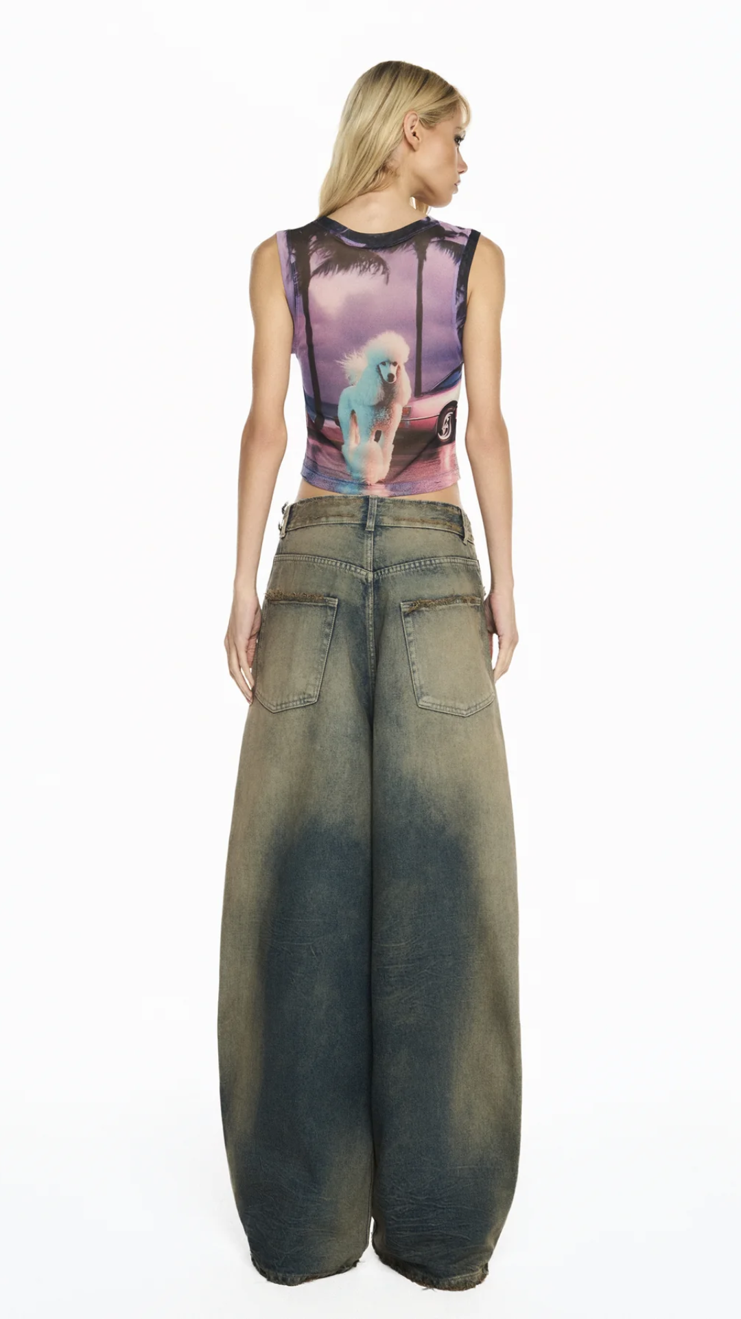 Calça Jeans Manchada Perna Ampla Balloon Cadarço