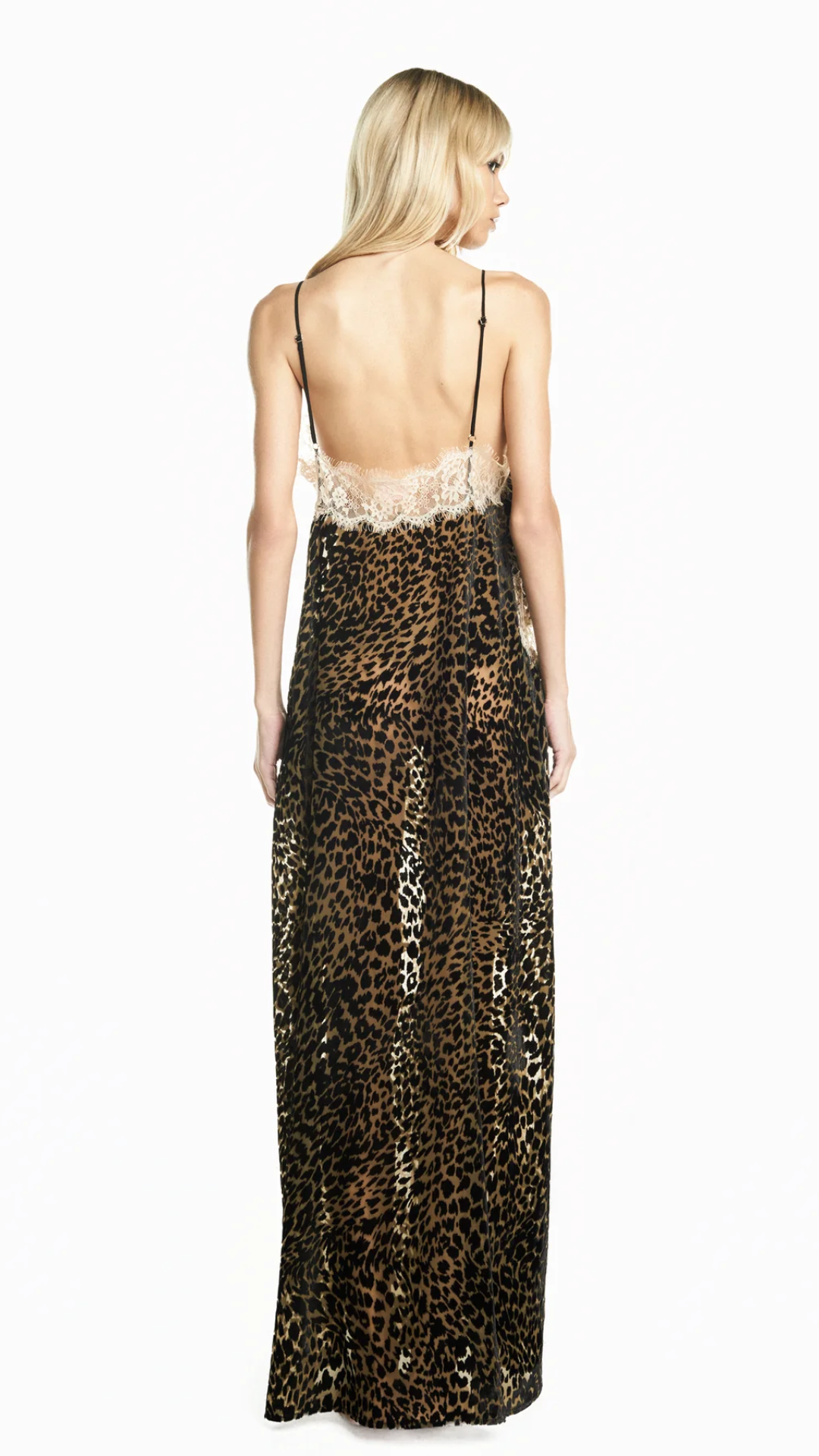 Vestido Longo Alça Devorê Onça com Renda Bege