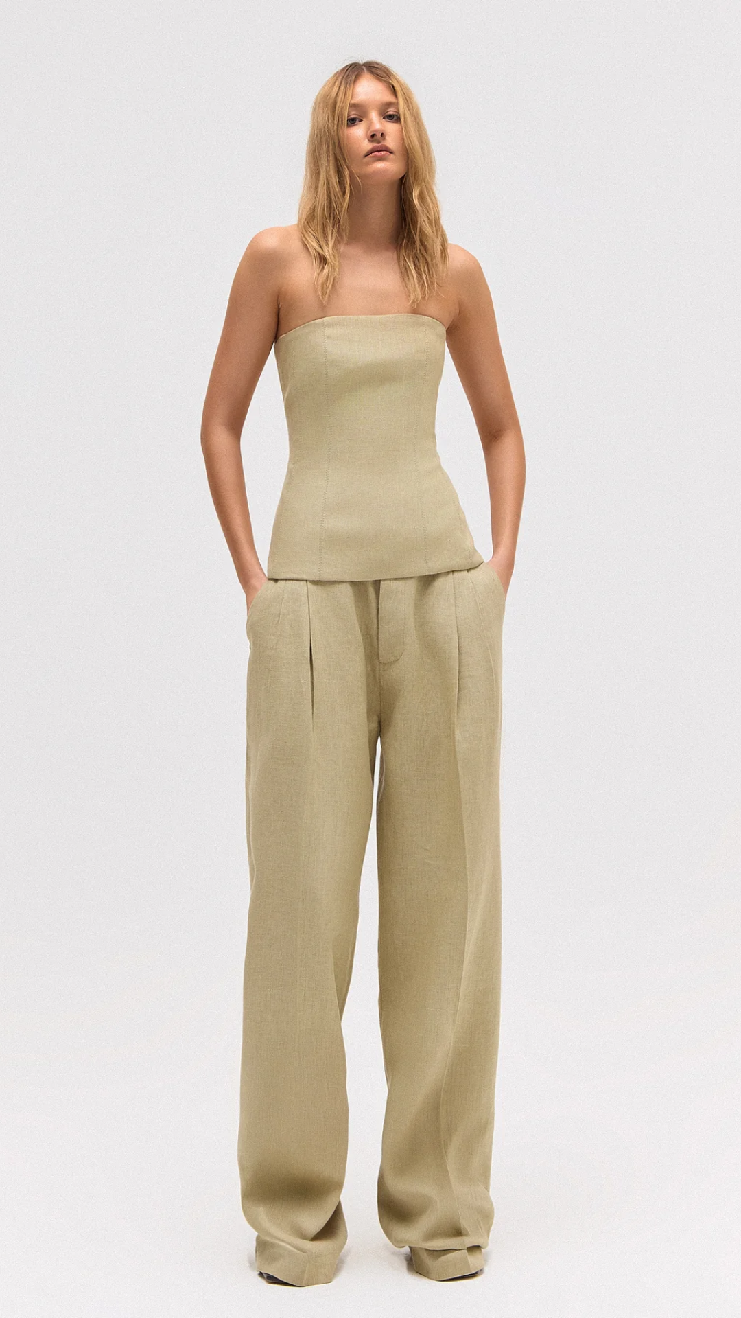 Calça Linho Pregas Verde Bambu
