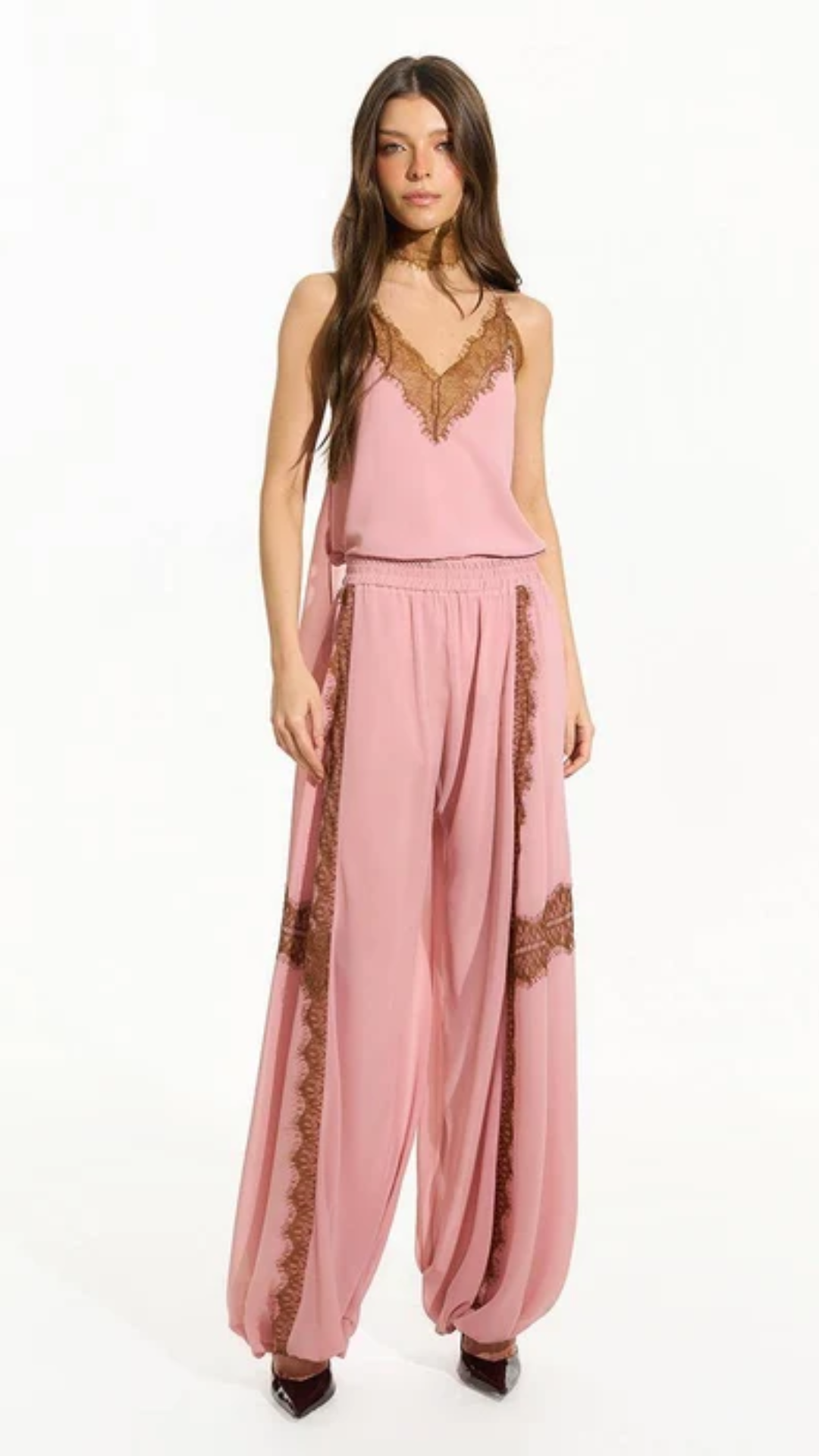 Calça Cós Elástico Com Renda Rosé