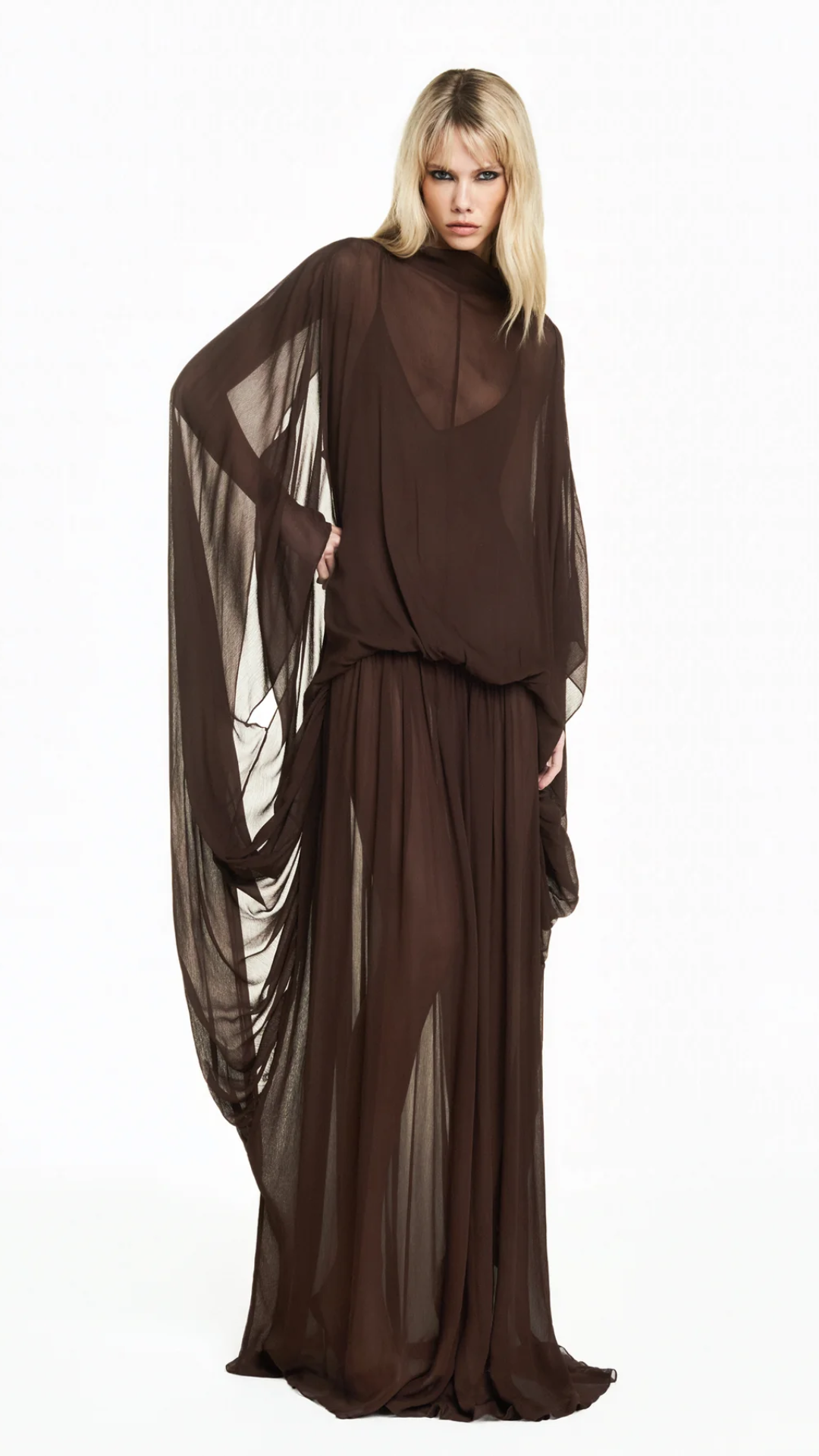 Vestido Longo Amplo Capa Chiffon Marrom