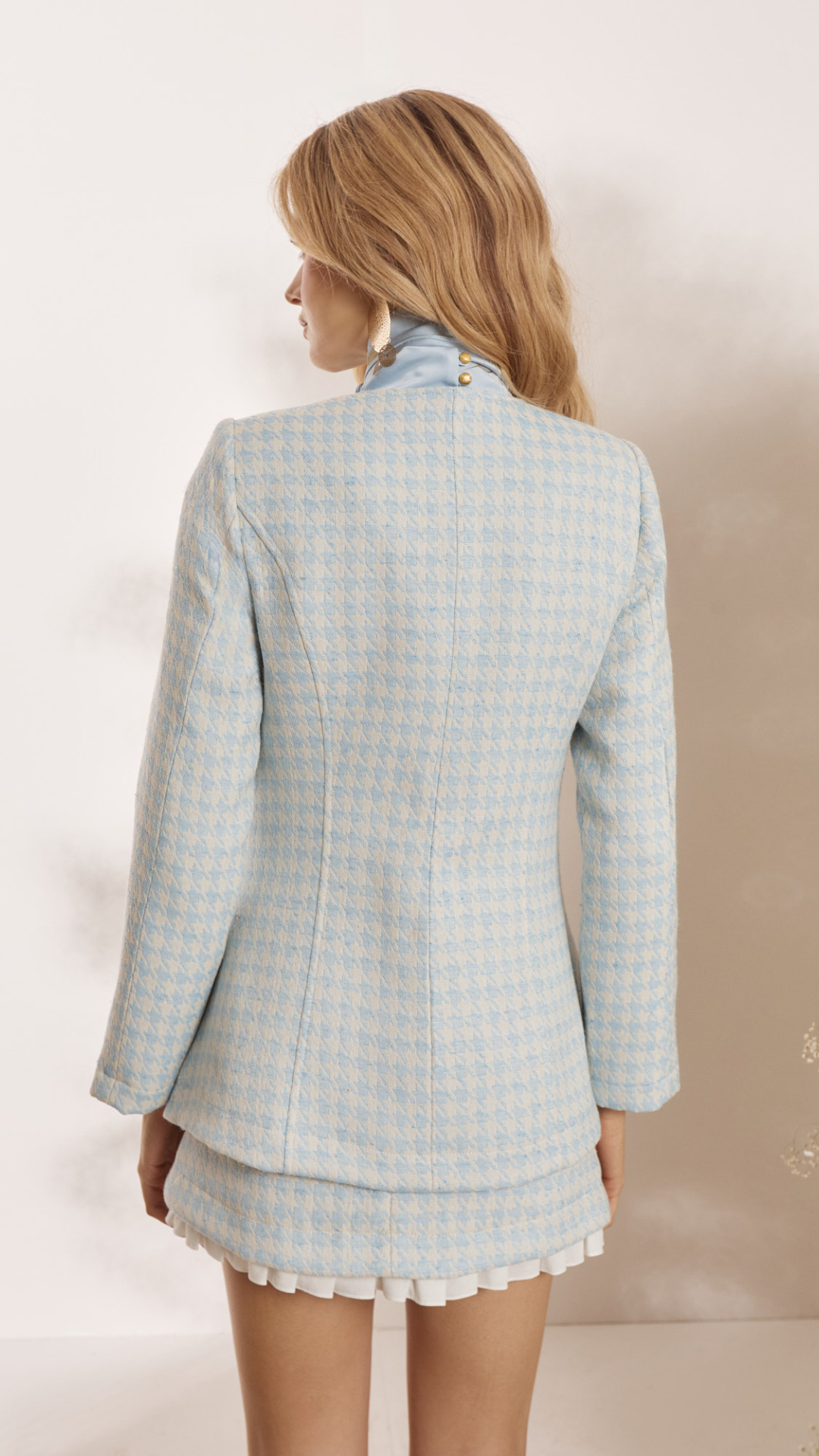 Casaco Peplum Jacquard Pied Poule Baby Blue